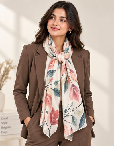 Woman wearing floral custom stole with brown blazer