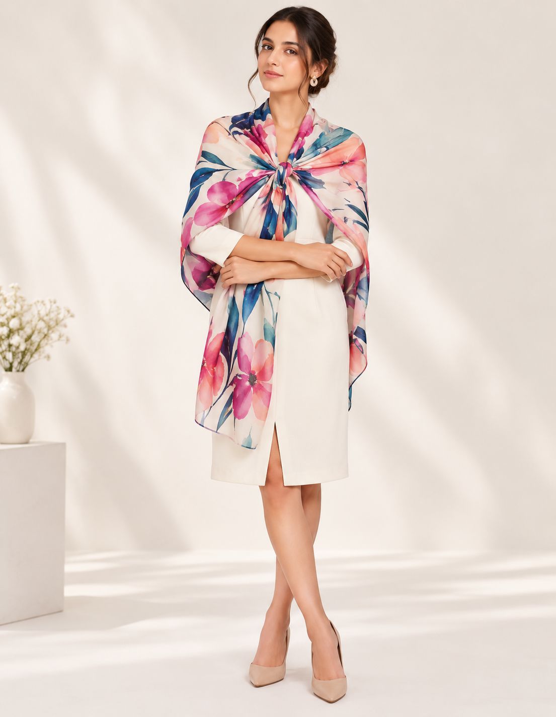 Woman wearing personalized floral stole as a shoulder wrap