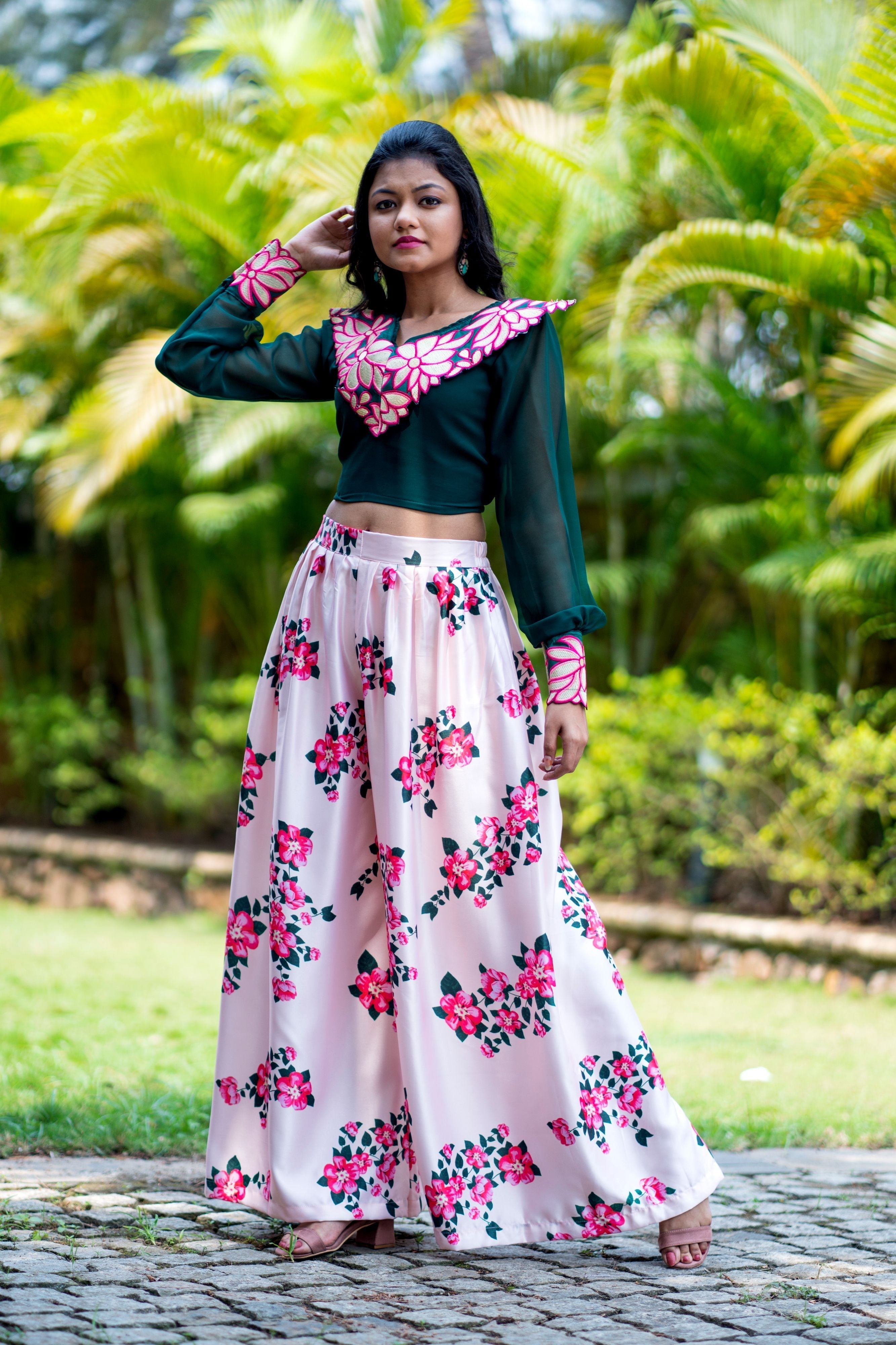 Women Embroidered Designer Top With Floral Printed Palazzo For Party and Office Wear- FunkyTeesClub