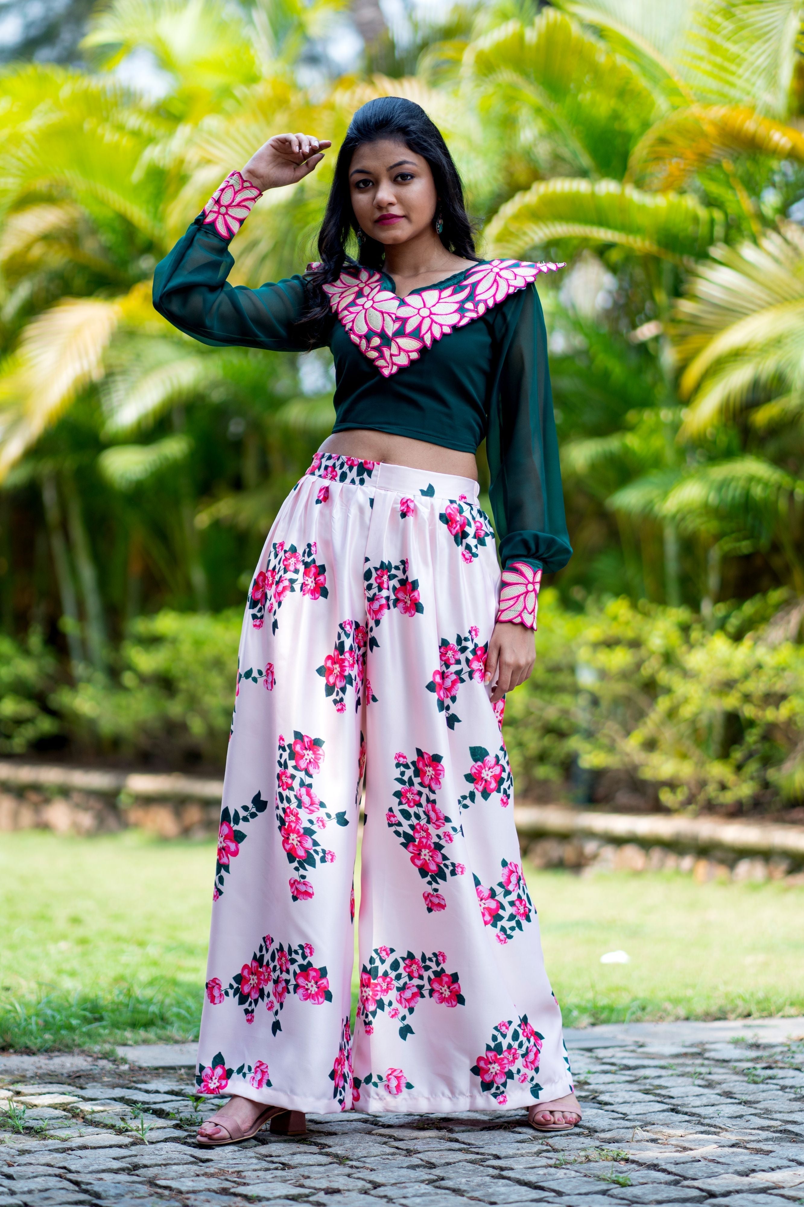 Women Embroidered Designer Top With Floral Printed Palazzo For Party and Office Wear- FunkyTeesClub