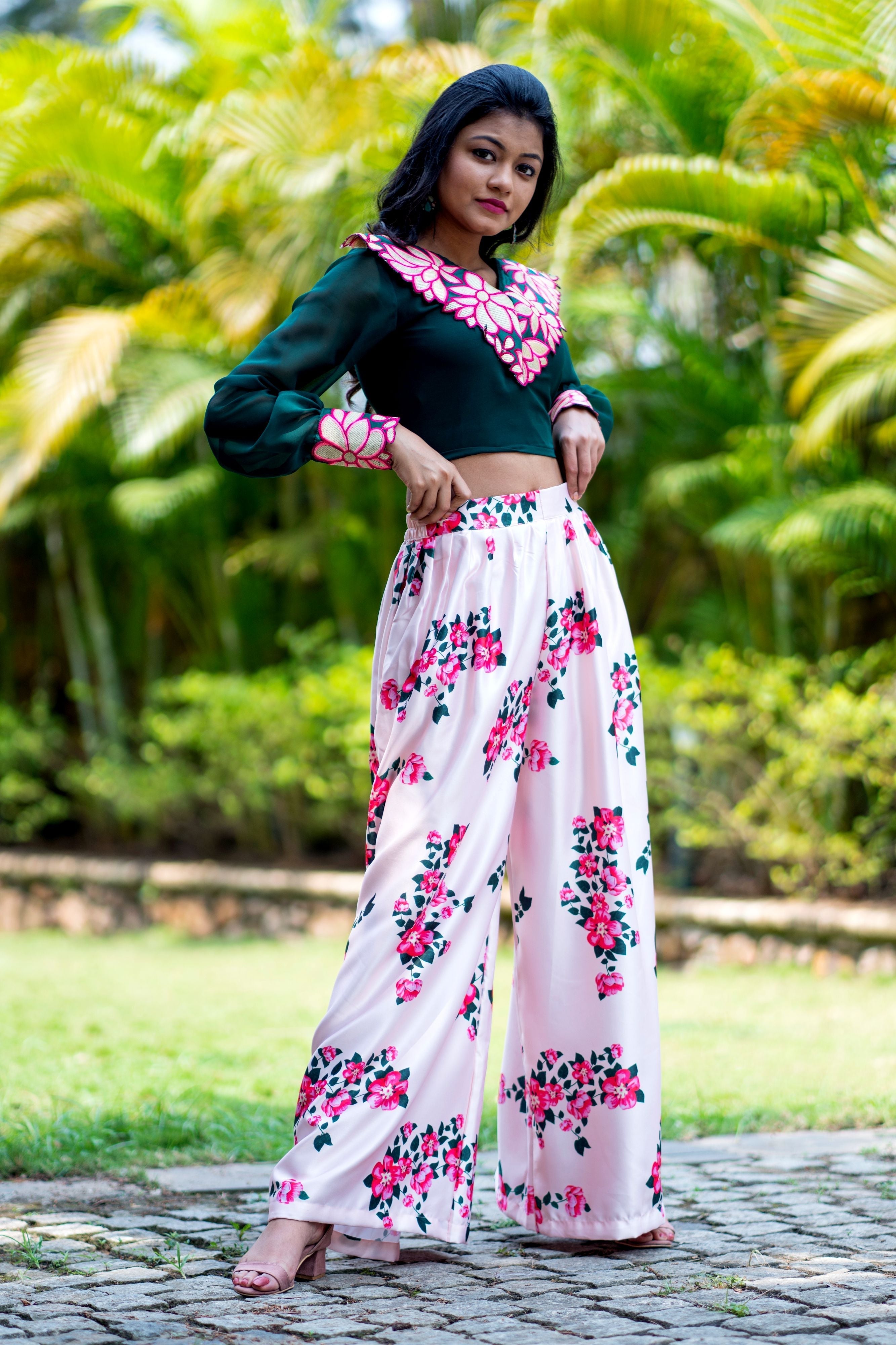 Women Embroidered Designer Top With Floral Printed Palazzo For Party and Office Wear- FunkyTeesClub