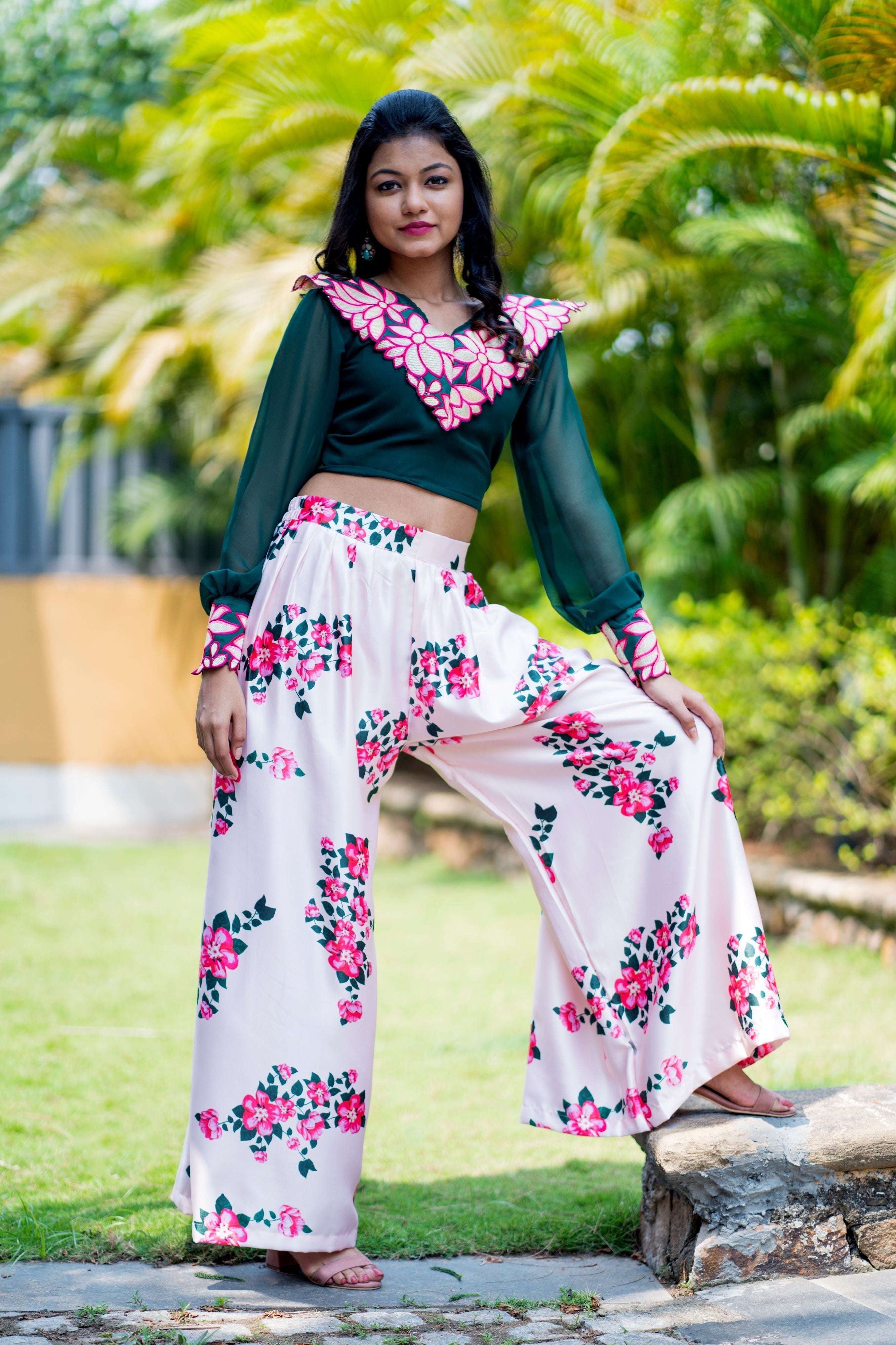 Women Embroidered Designer Top With Floral Printed Palazzo For Party and Office Wear- FunkyTeesClub