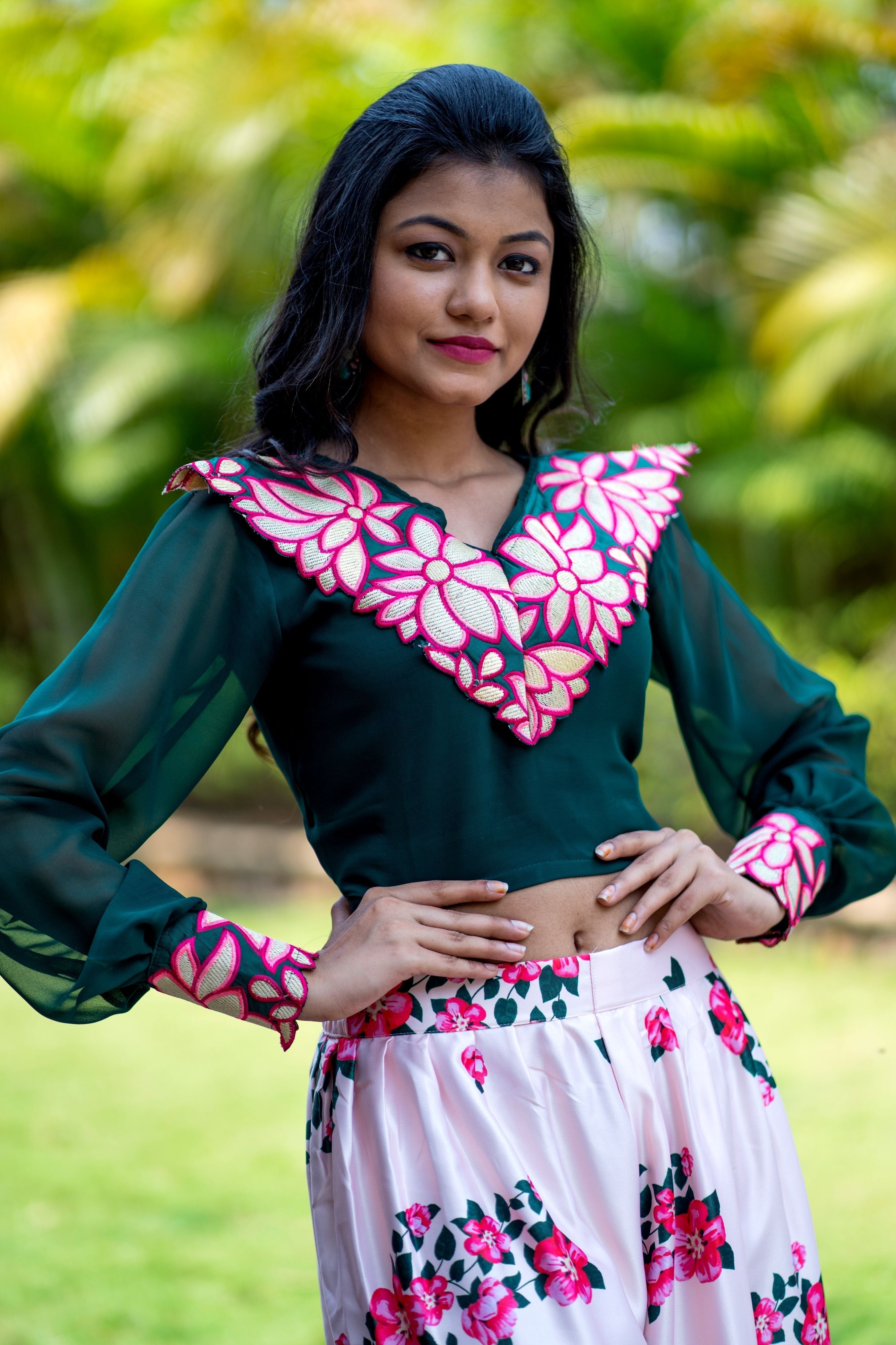 Women Embroidered Designer Top With Floral Printed Palazzo For Party and Office Wear- FunkyTeesClub