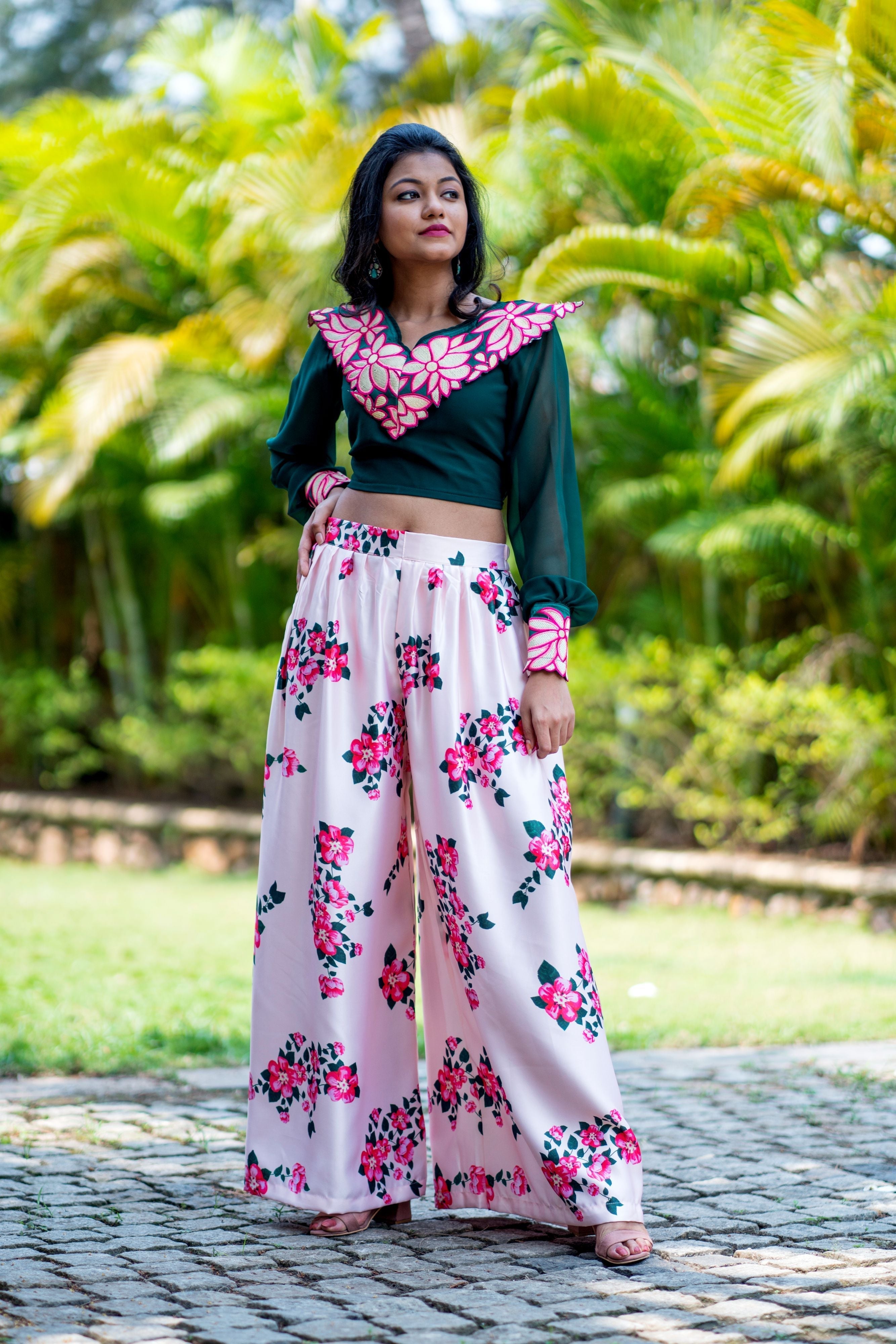 Women Embroidered Designer Top With Floral Printed Palazzo For Party and Office Wear- FunkyTeesClub