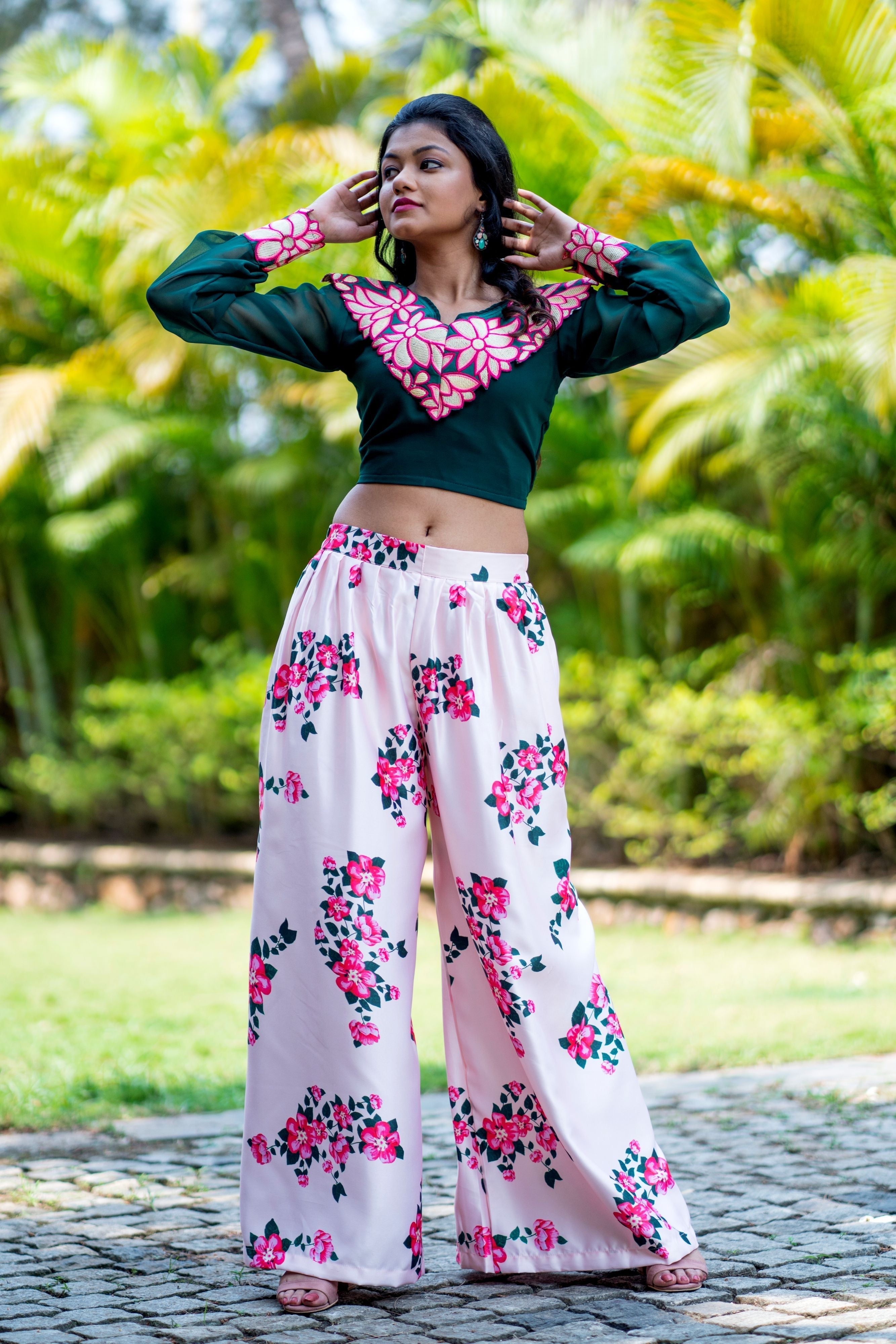 Women Embroidered Designer Top With Floral Printed Palazzo For Party and Office Wear- FunkyTeesClub