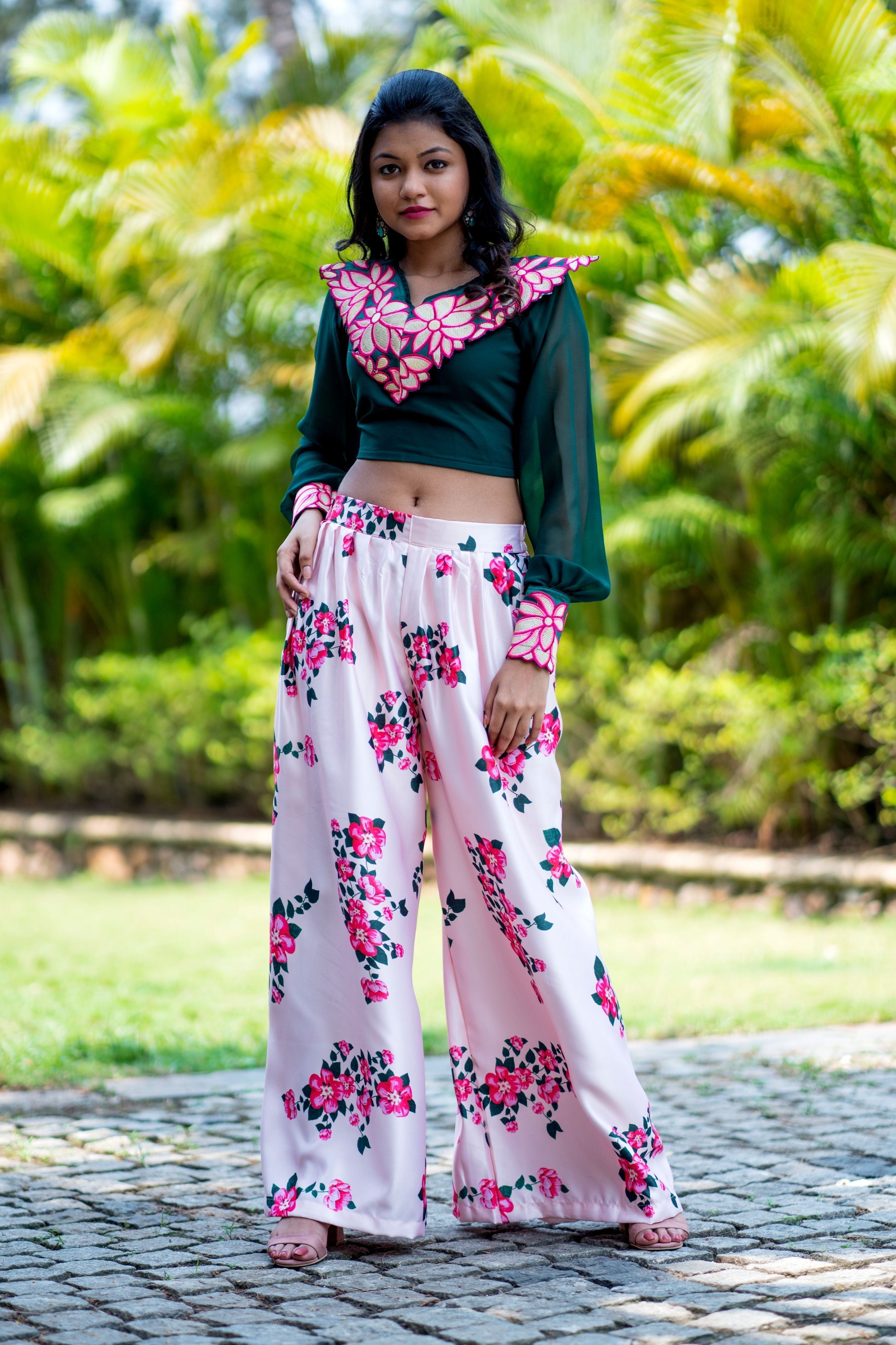 Women Embroidered Designer Top With Floral Printed Palazzo For Party and Office Wear- FunkyTeesClub