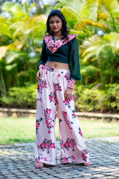 Women Embroidered Designer Top With Floral Printed Palazzo For Party and Office Wear- FunkyTeesClub