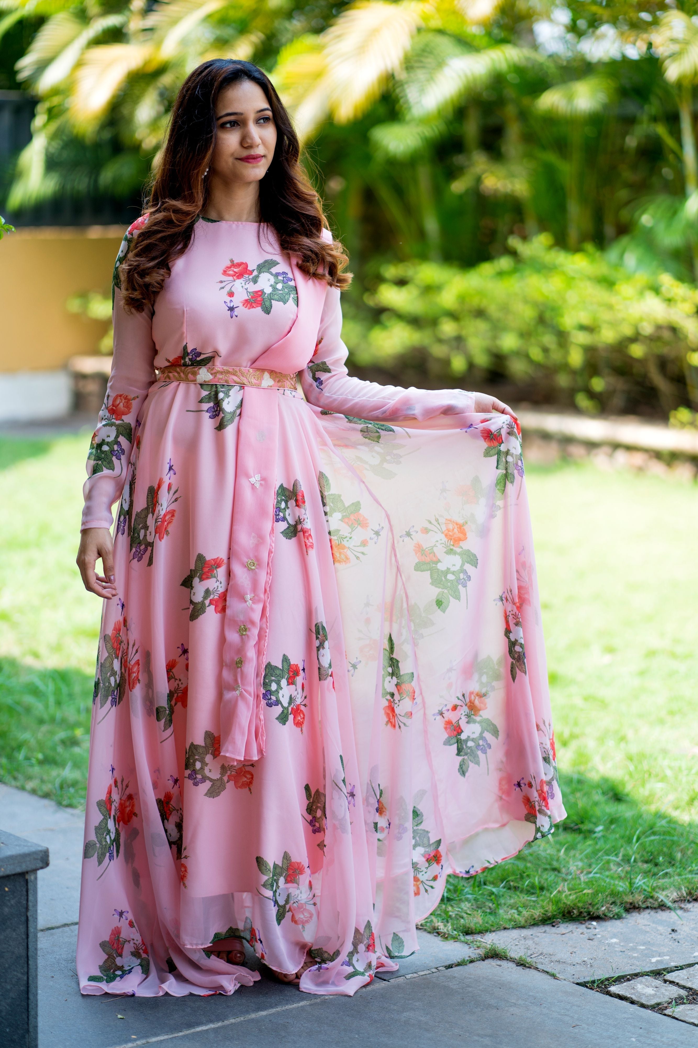 Women Peach Floral Printed Maxi Dress With Dupatta - FunkyTeesClub
