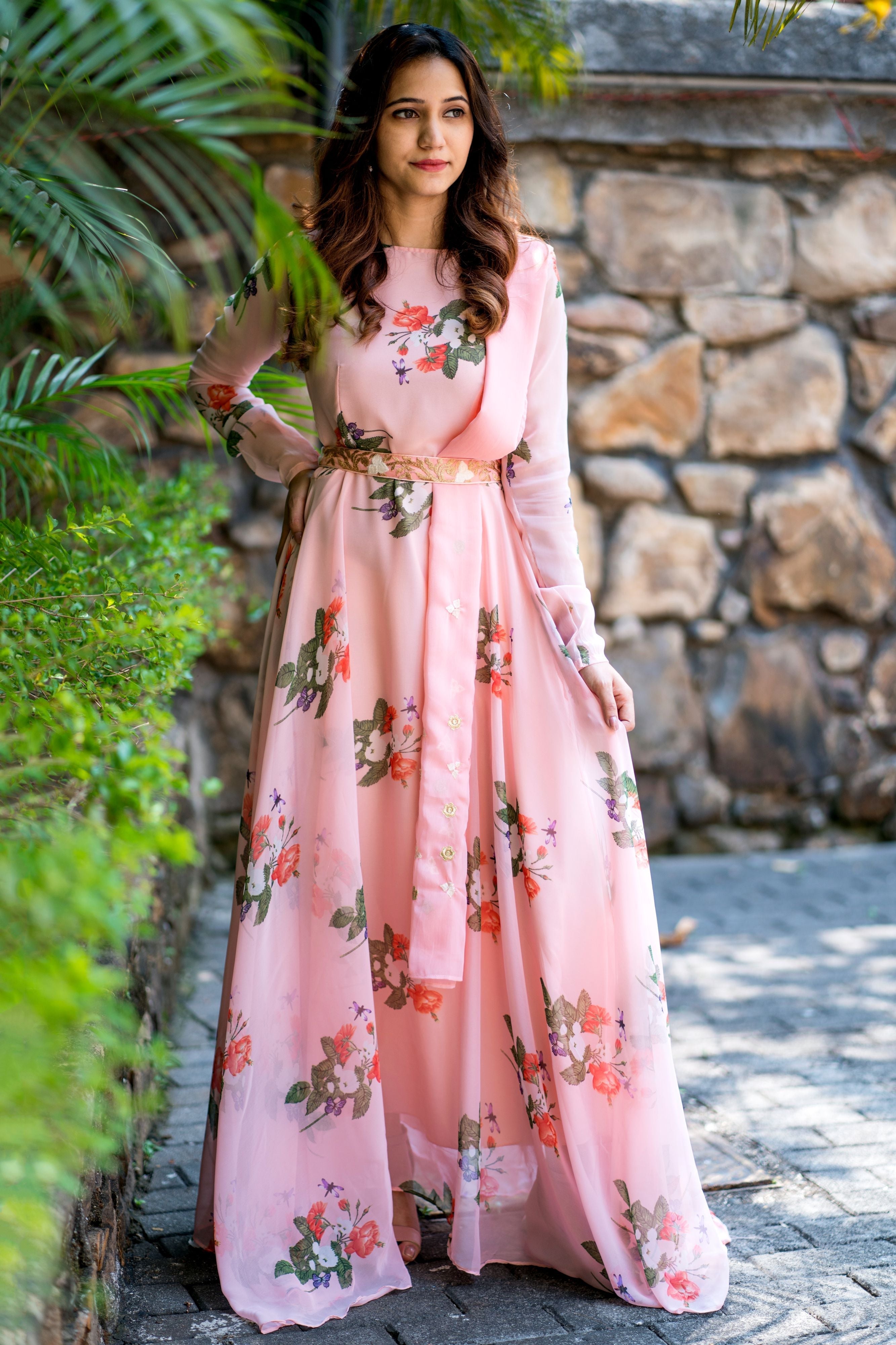 Women Peach Floral Printed Maxi Dress With Dupatta - FunkyTeesClub