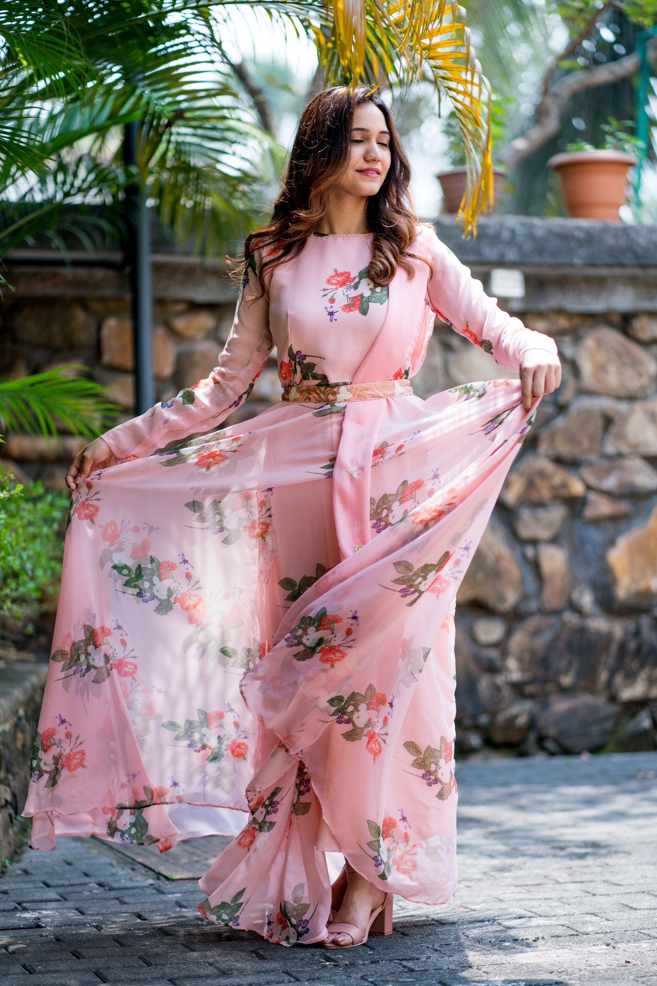 Women Peach Floral Printed Maxi Dress With Dupatta - FunkyTeesClub