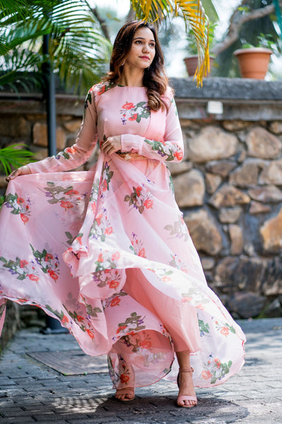 Women Peach Floral Printed Maxi Dress With Dupatta - FunkyTeesClub