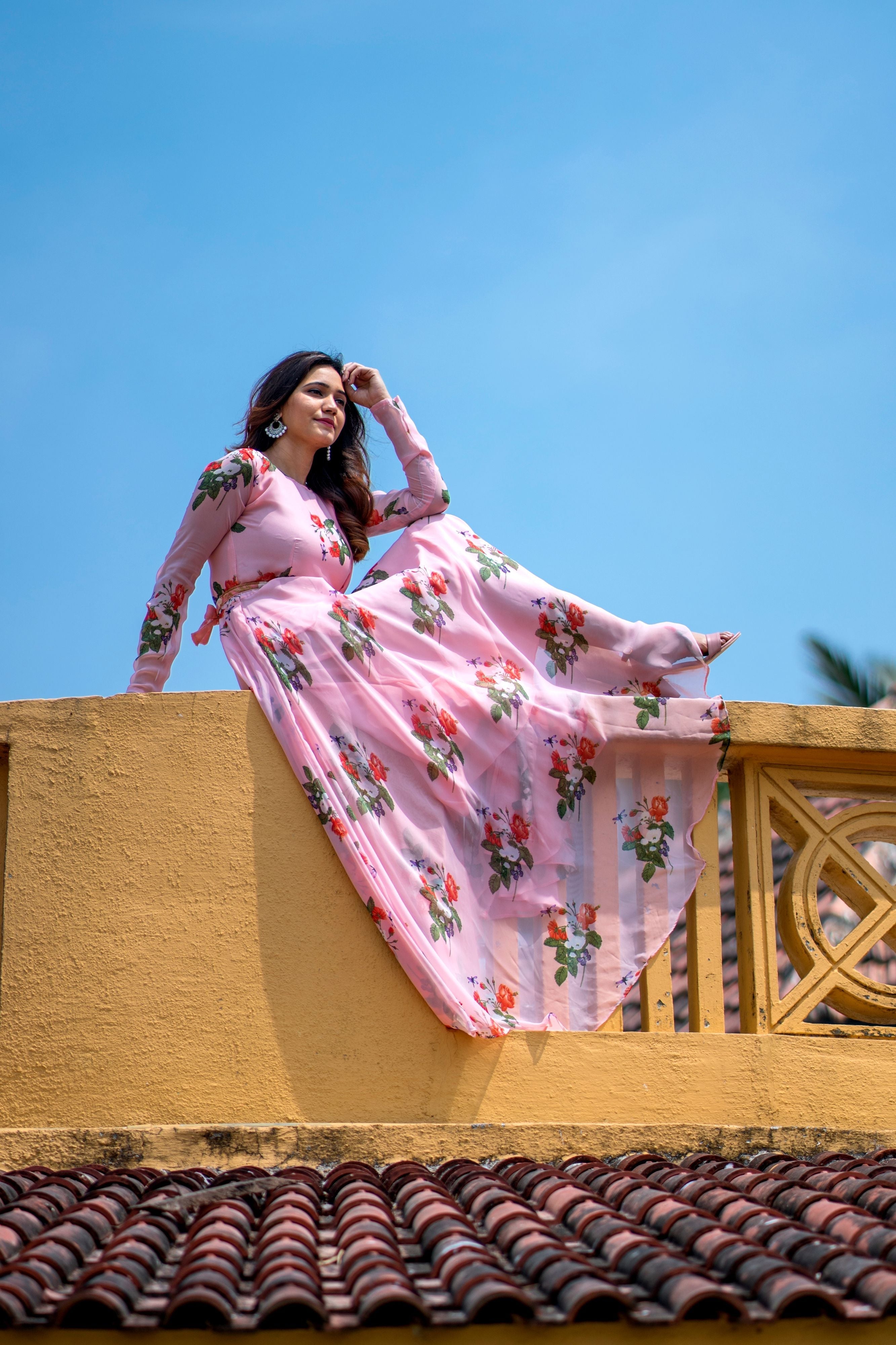 Women Peach Floral Printed Maxi Dress With Dupatta - FunkyTeesClub