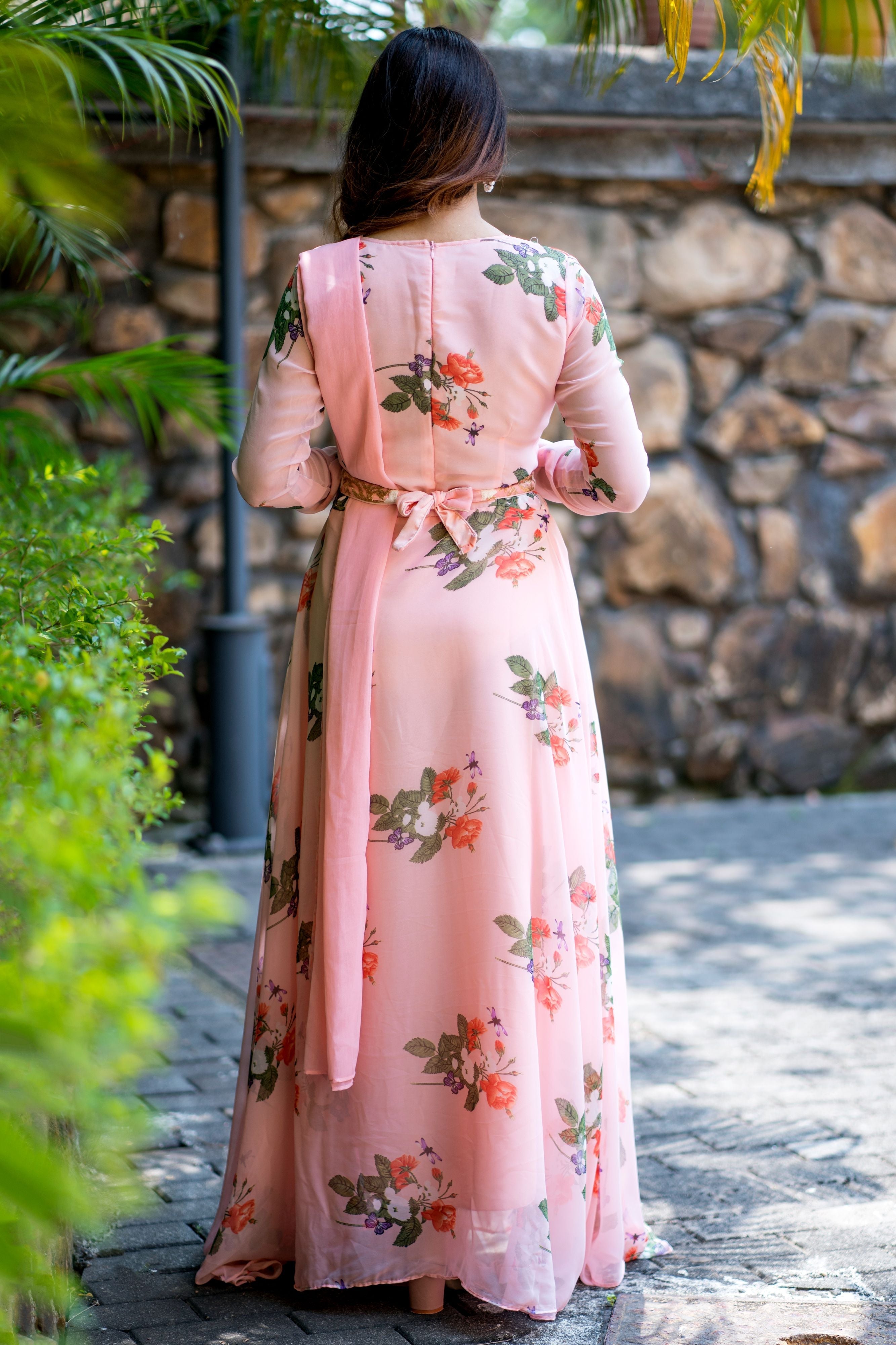 Women Peach Floral Printed Maxi Dress With Dupatta - FunkyTeesClub