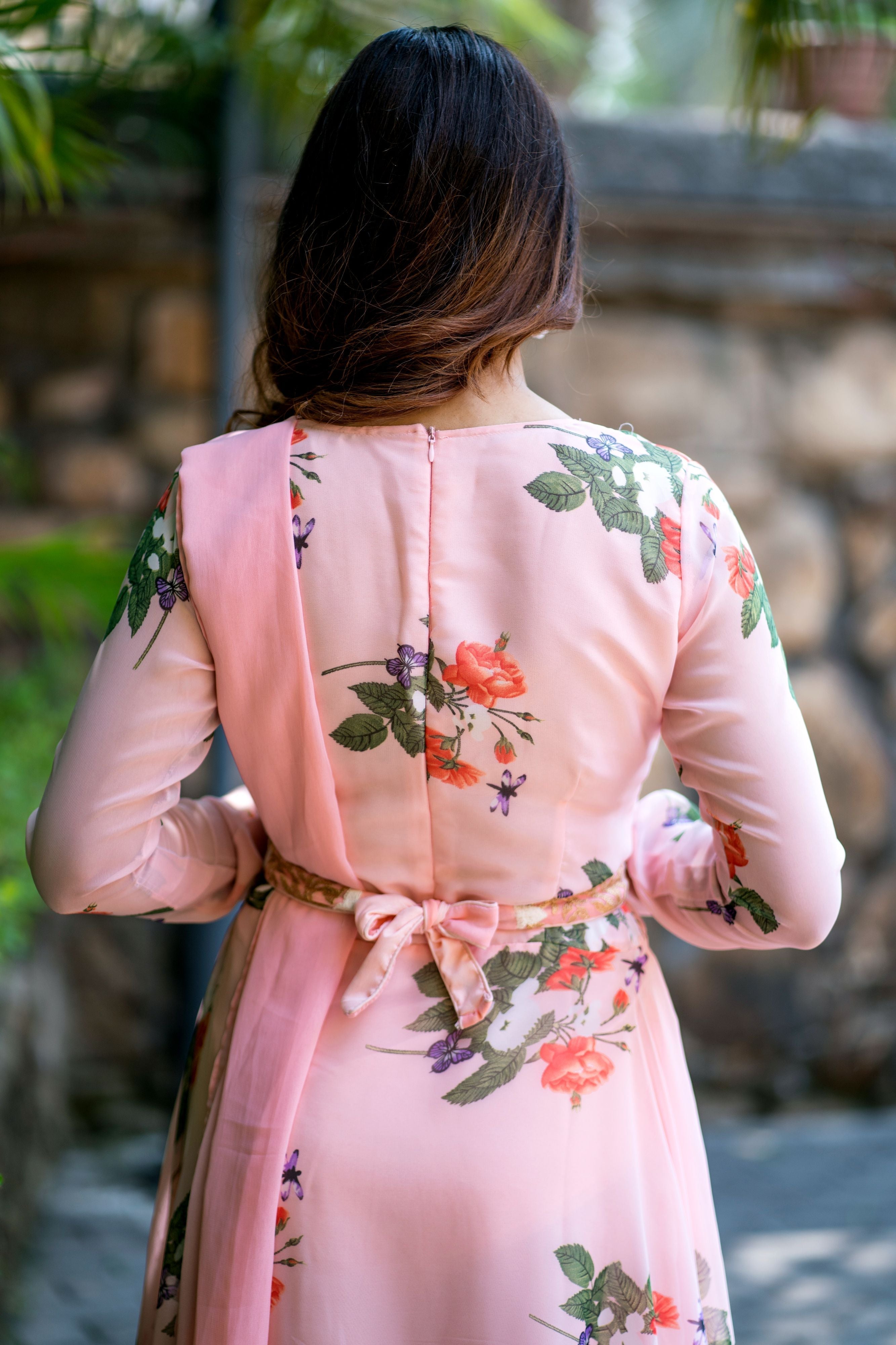 Women Peach Floral Printed Maxi Dress With Dupatta - FunkyTeesClub