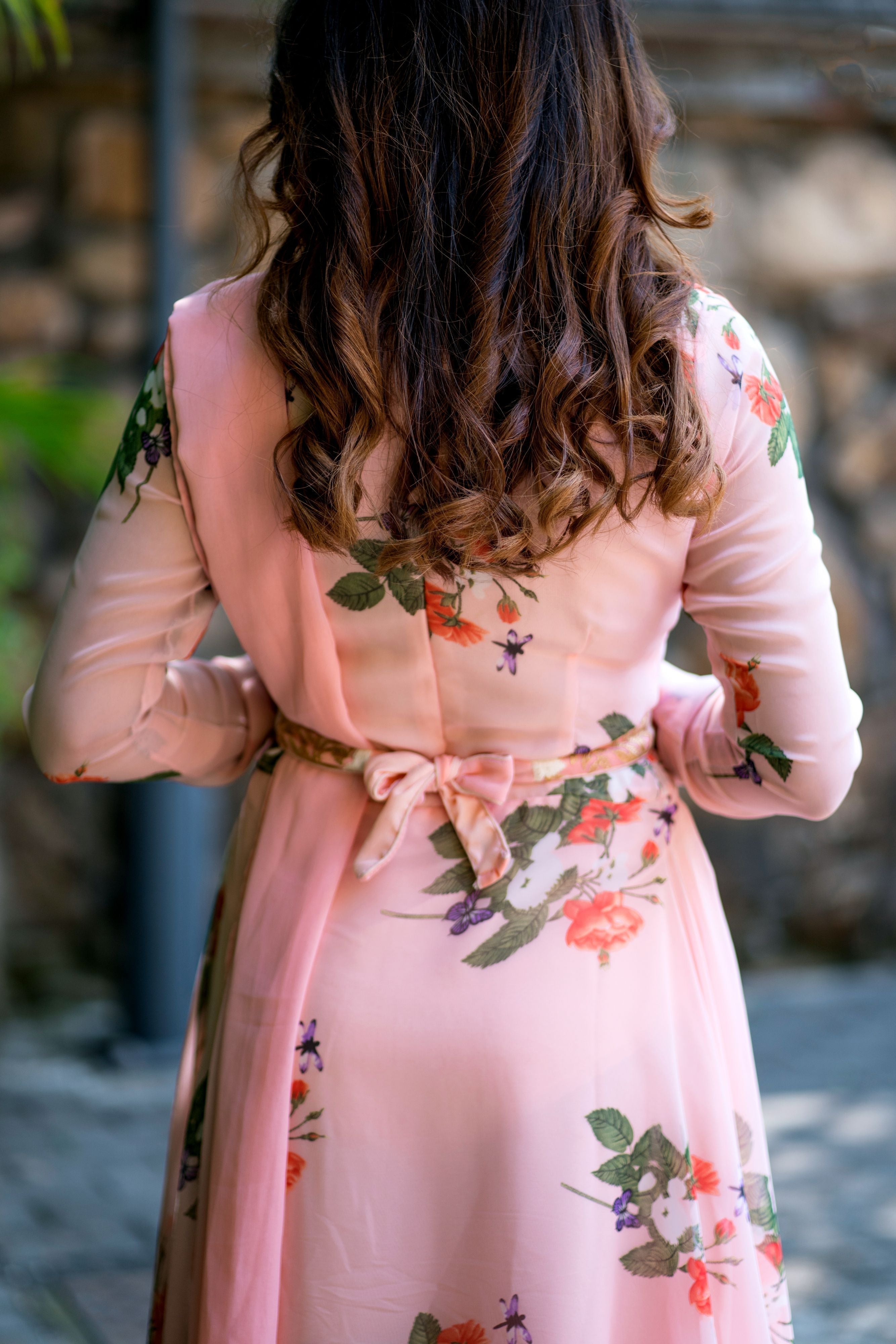 Women Peach Floral Printed Maxi Dress With Dupatta - FunkyTeesClub