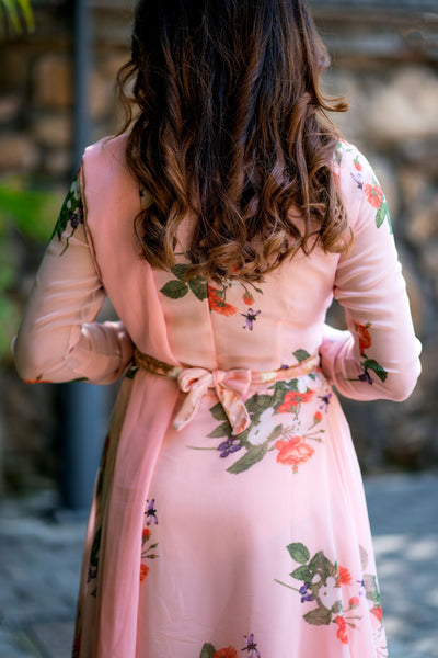 Women Peach Floral Printed Maxi Dress With Dupatta - FunkyTeesClub