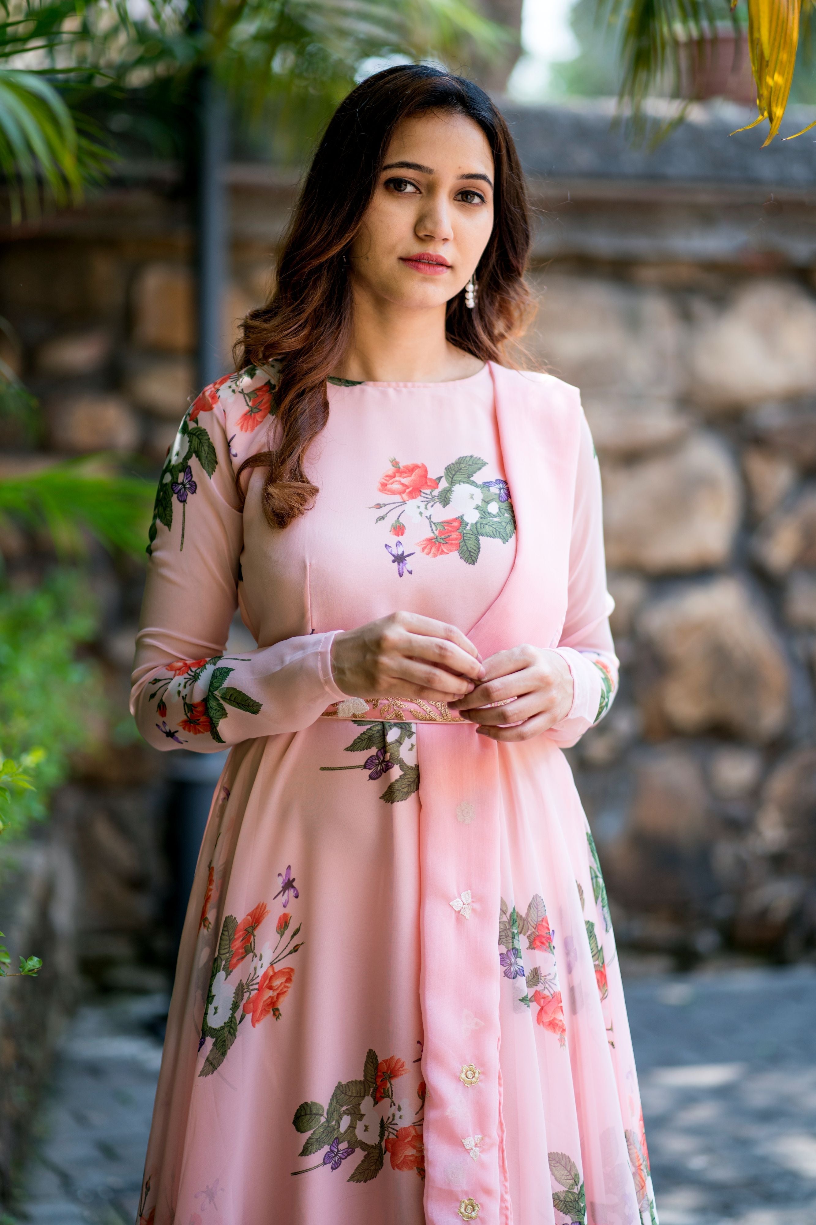 Women Peach Floral Printed Maxi Dress With Dupatta - FunkyTeesClub