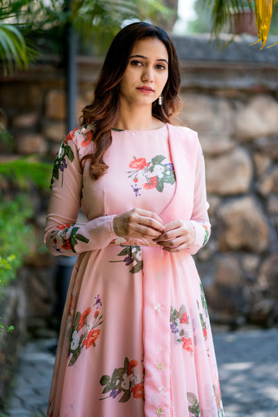 Women Peach Floral Printed Maxi Dress With Dupatta - FunkyTeesClub