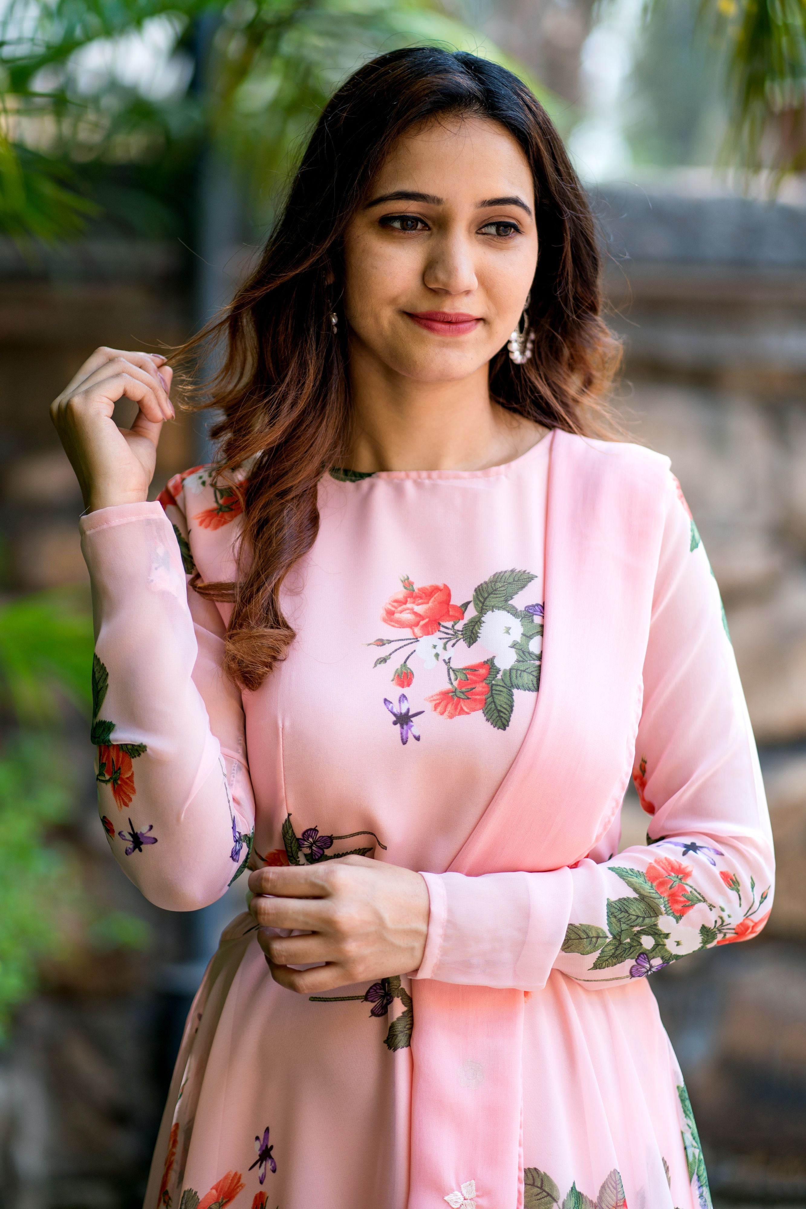 Women Peach Floral Printed Maxi Dress With Dupatta - FunkyTeesClub