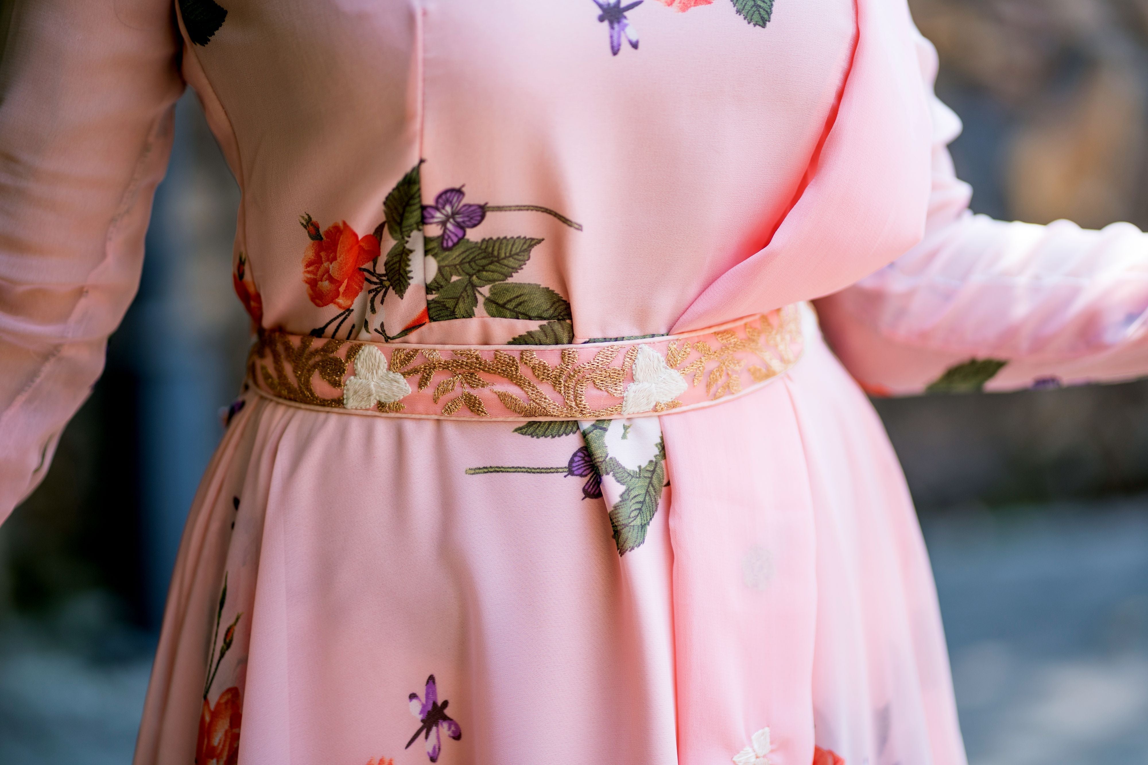 Women Peach Floral Printed Maxi Dress With Dupatta - FunkyTeesClub