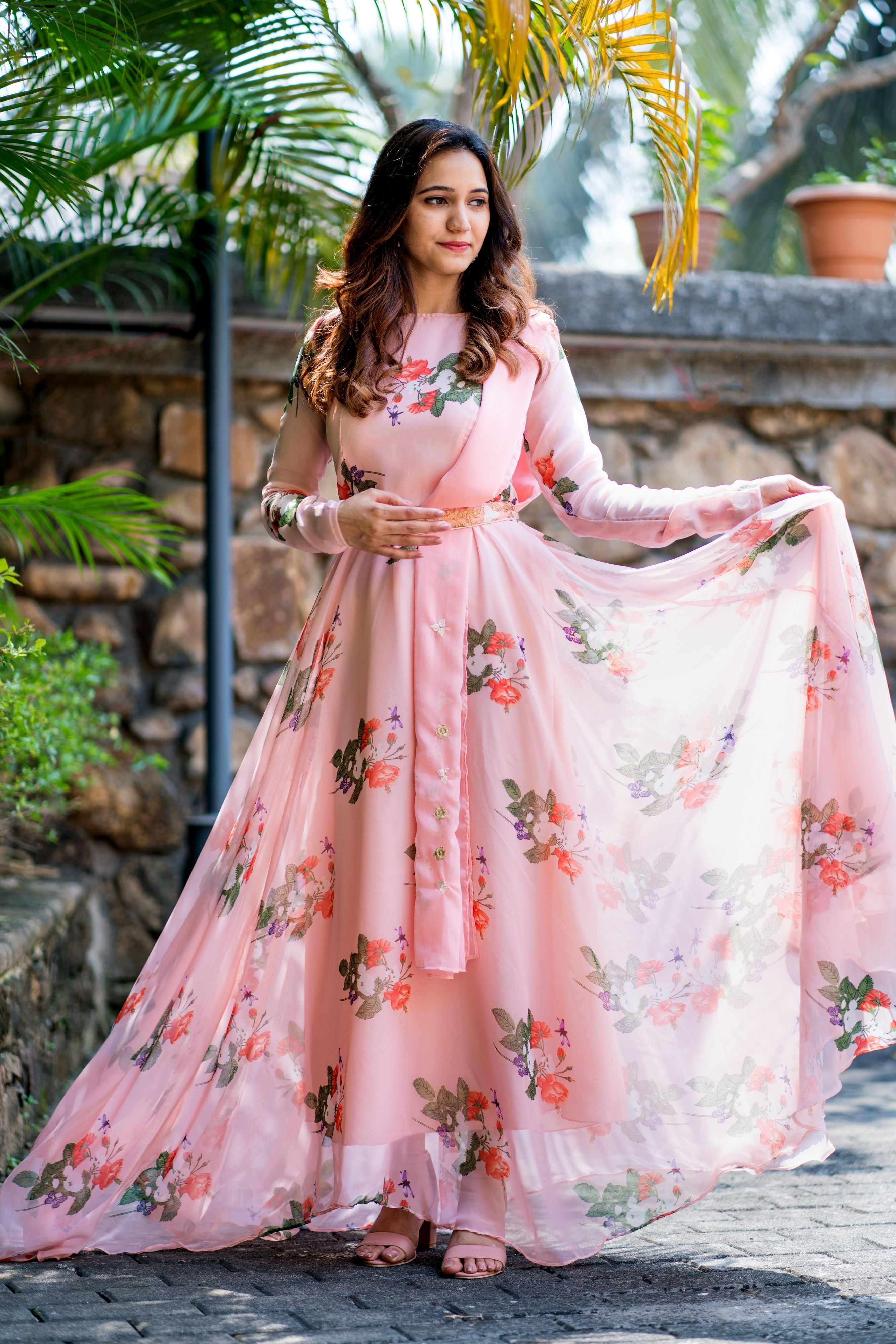 Women Peach Floral Printed Maxi Dress With Dupatta - FunkyTeesClub