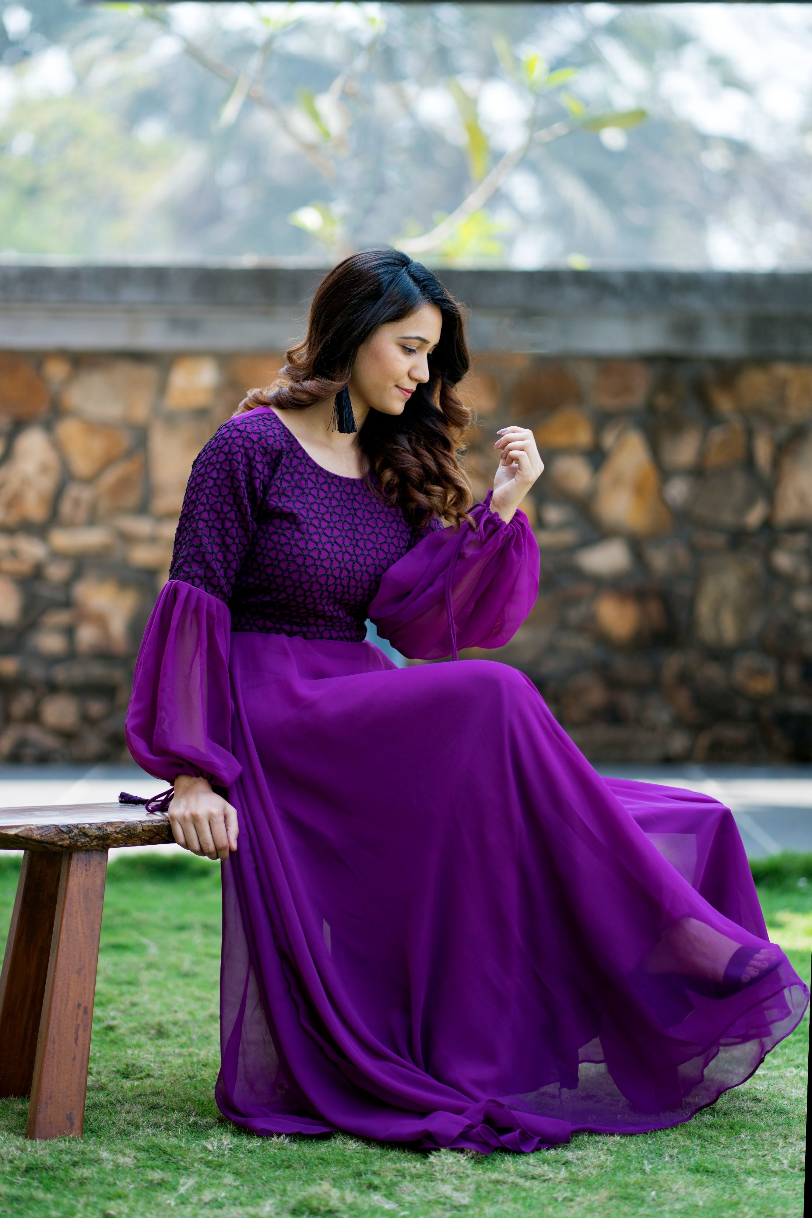 Women Purple Embroidered Round Neck Gown With Puff and Adjustable Sleeves- FunkyTeesClub