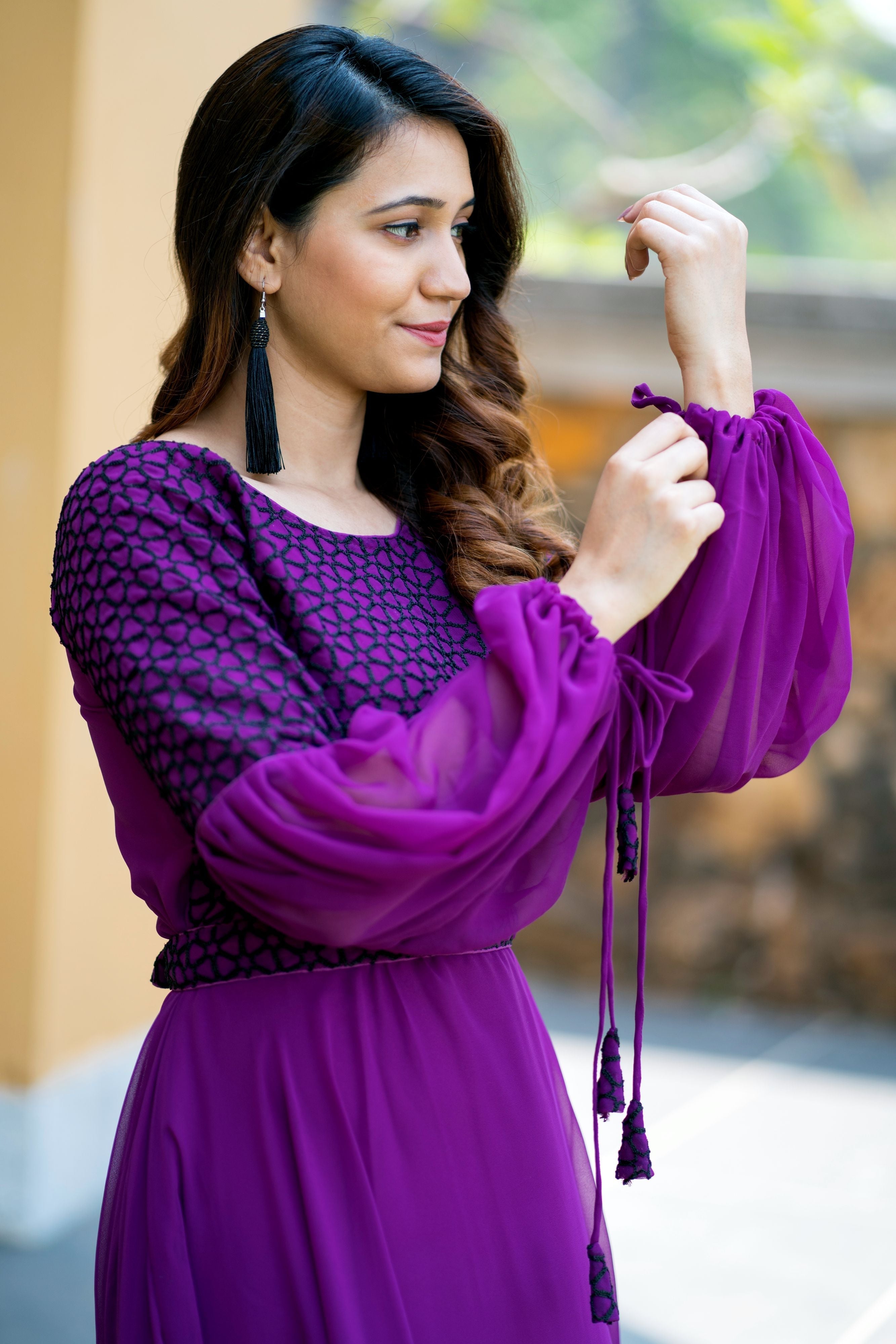 Women Purple Embroidered Round Neck Gown With Puff and Adjustable Sleeves- FunkyTeesClub
