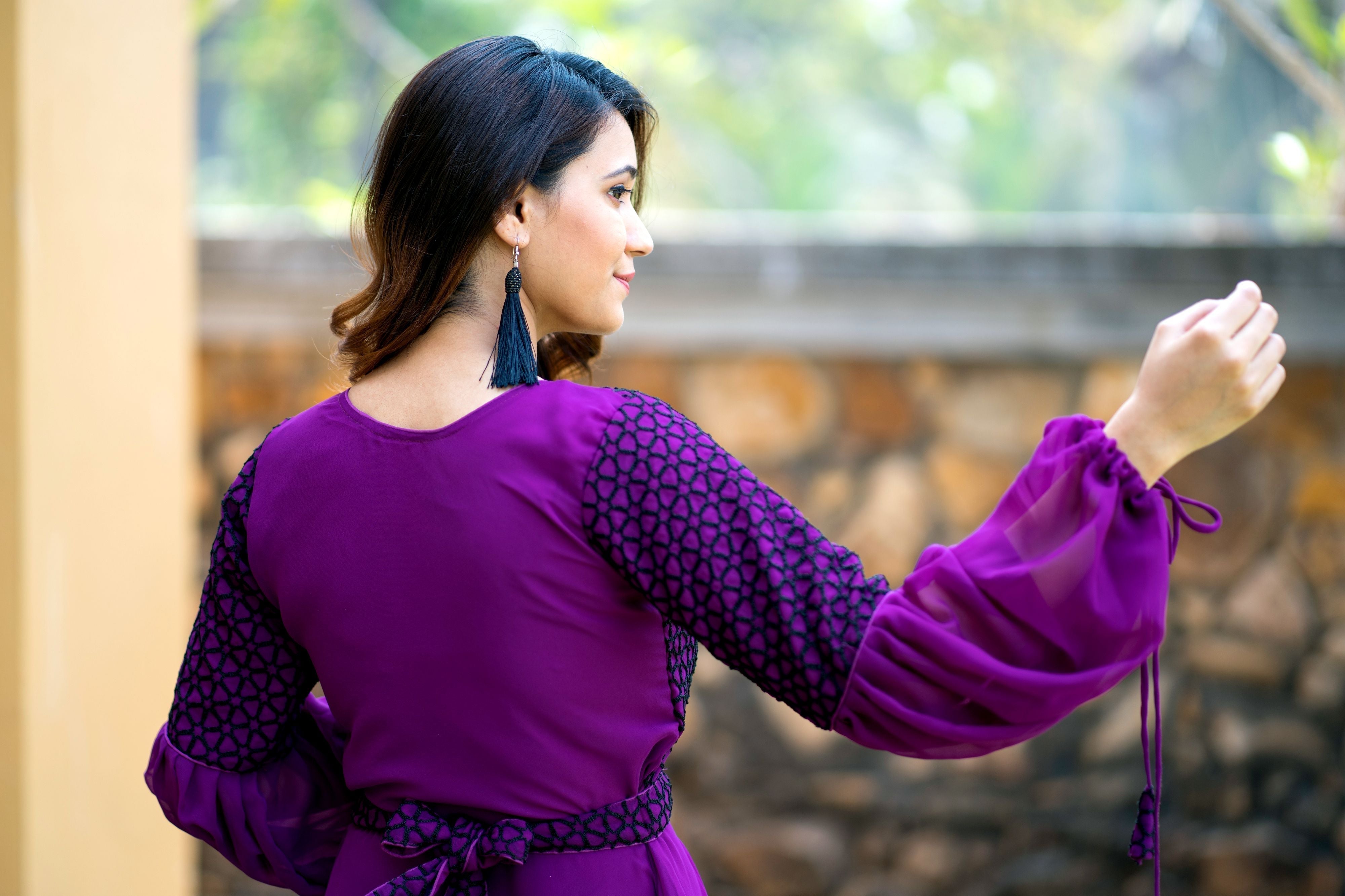 Women Purple Embroidered Round Neck Gown With Puff and Adjustable Sleeves- FunkyTeesClub