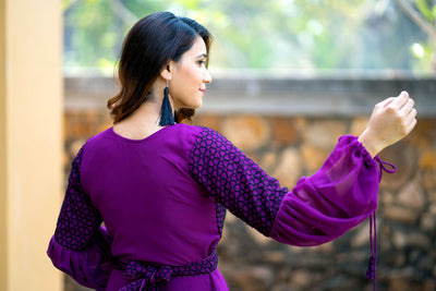 Women Purple Embroidered Round Neck Gown With Puff and Adjustable Sleeves- FunkyTeesClub