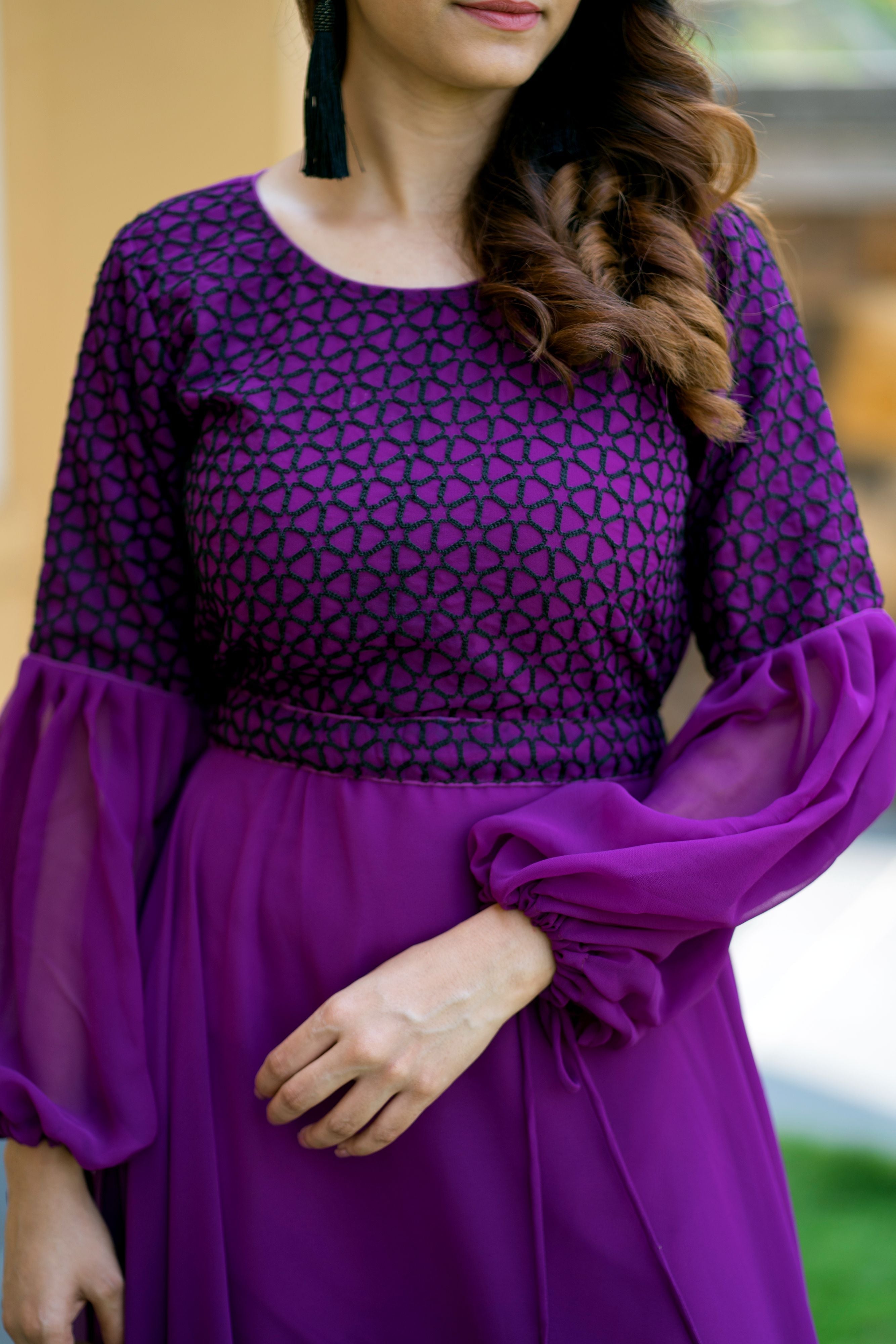 Women Purple Embroidered Round Neck Gown With Puff and Adjustable Sleeves- FunkyTeesClub