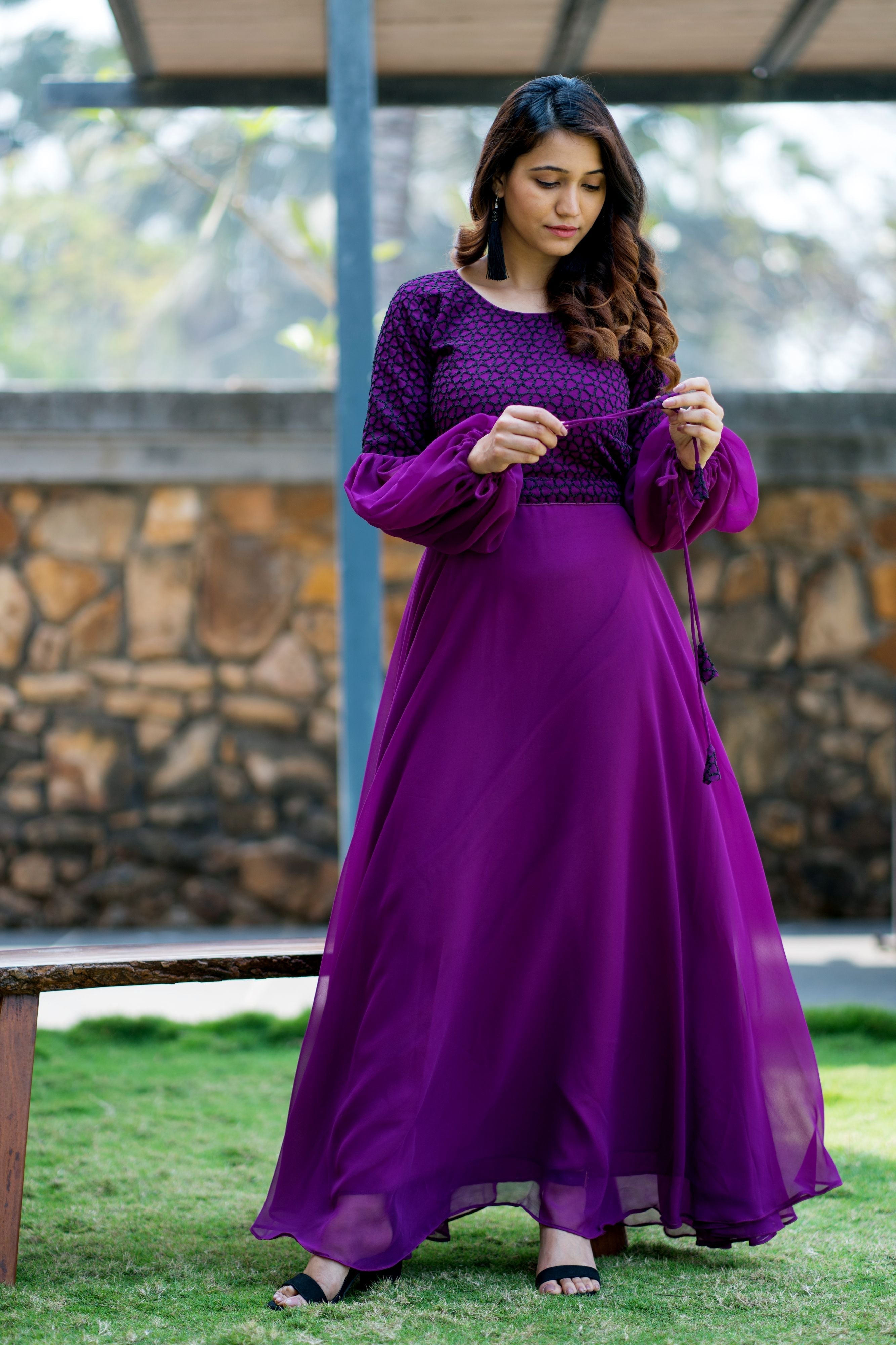Women Purple Embroidered Round Neck Gown With Puff and Adjustable Sleeves- FunkyTeesClub