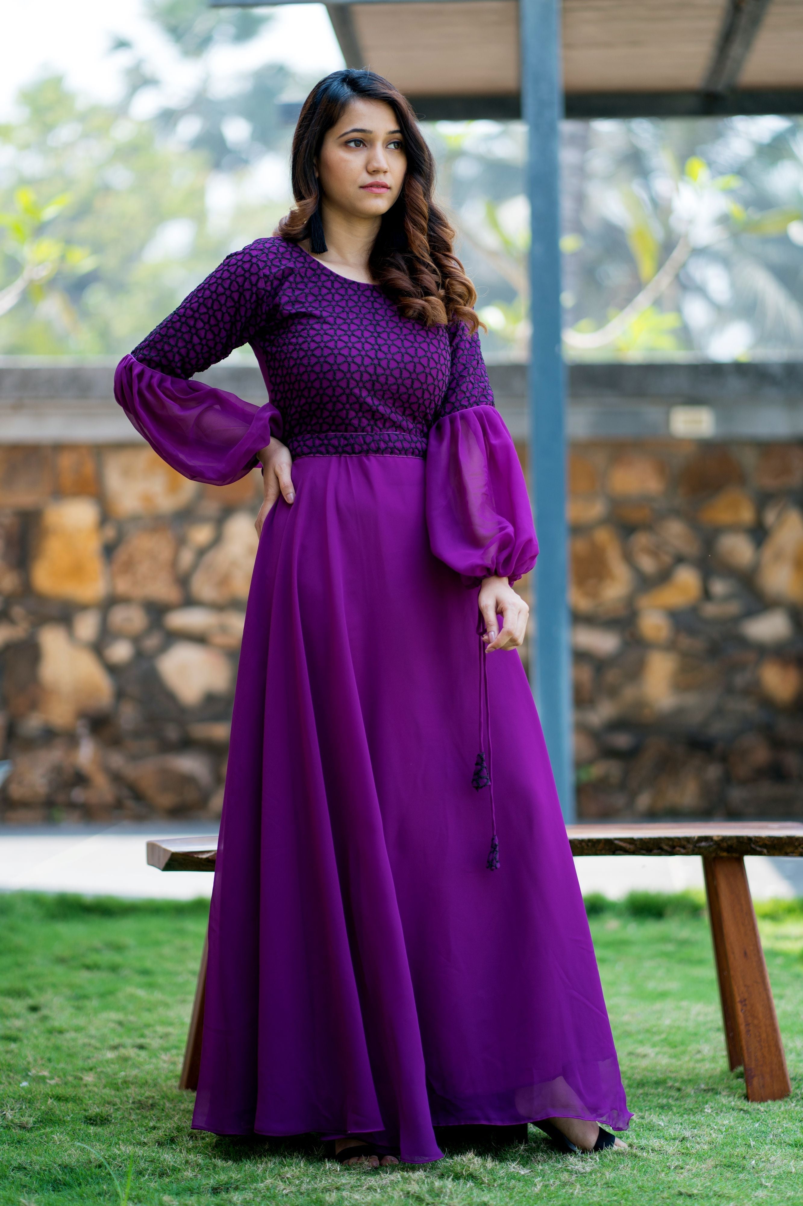 Women Purple Embroidered Round Neck Gown With Puff and Adjustable Sleeves- FunkyTeesClub
