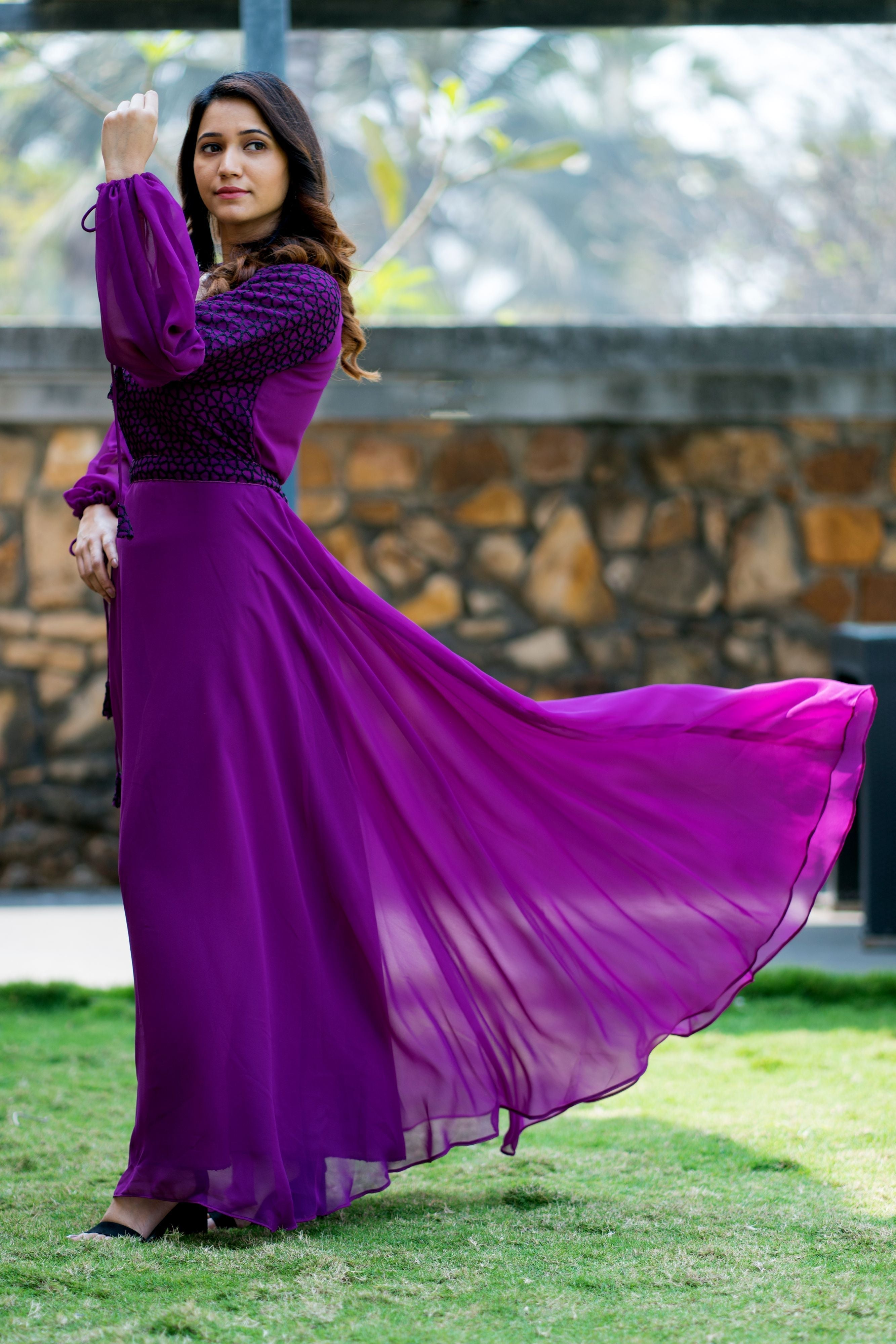 Women Purple Embroidered Round Neck Gown With Puff and Adjustable Sleeves- FunkyTeesClub