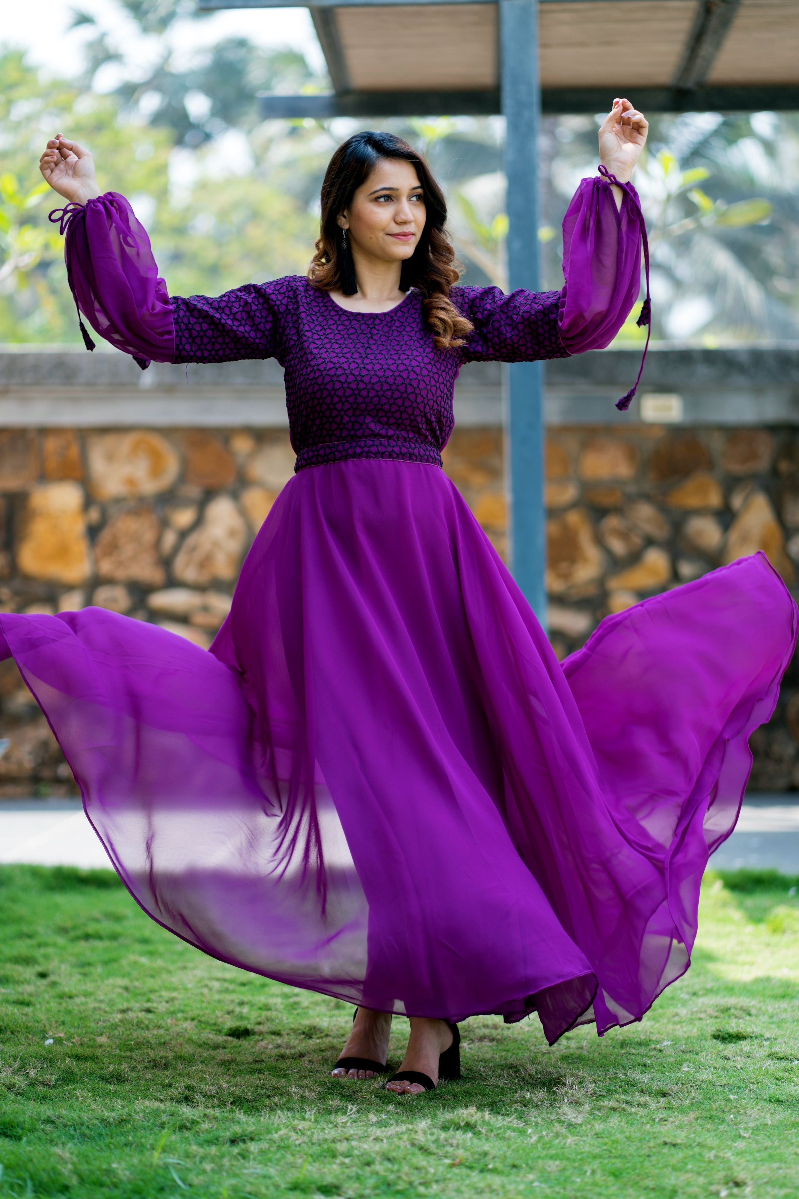 Women Purple Embroidered Round Neck Gown With Puff and Adjustable Sleeves- FunkyTeesClub
