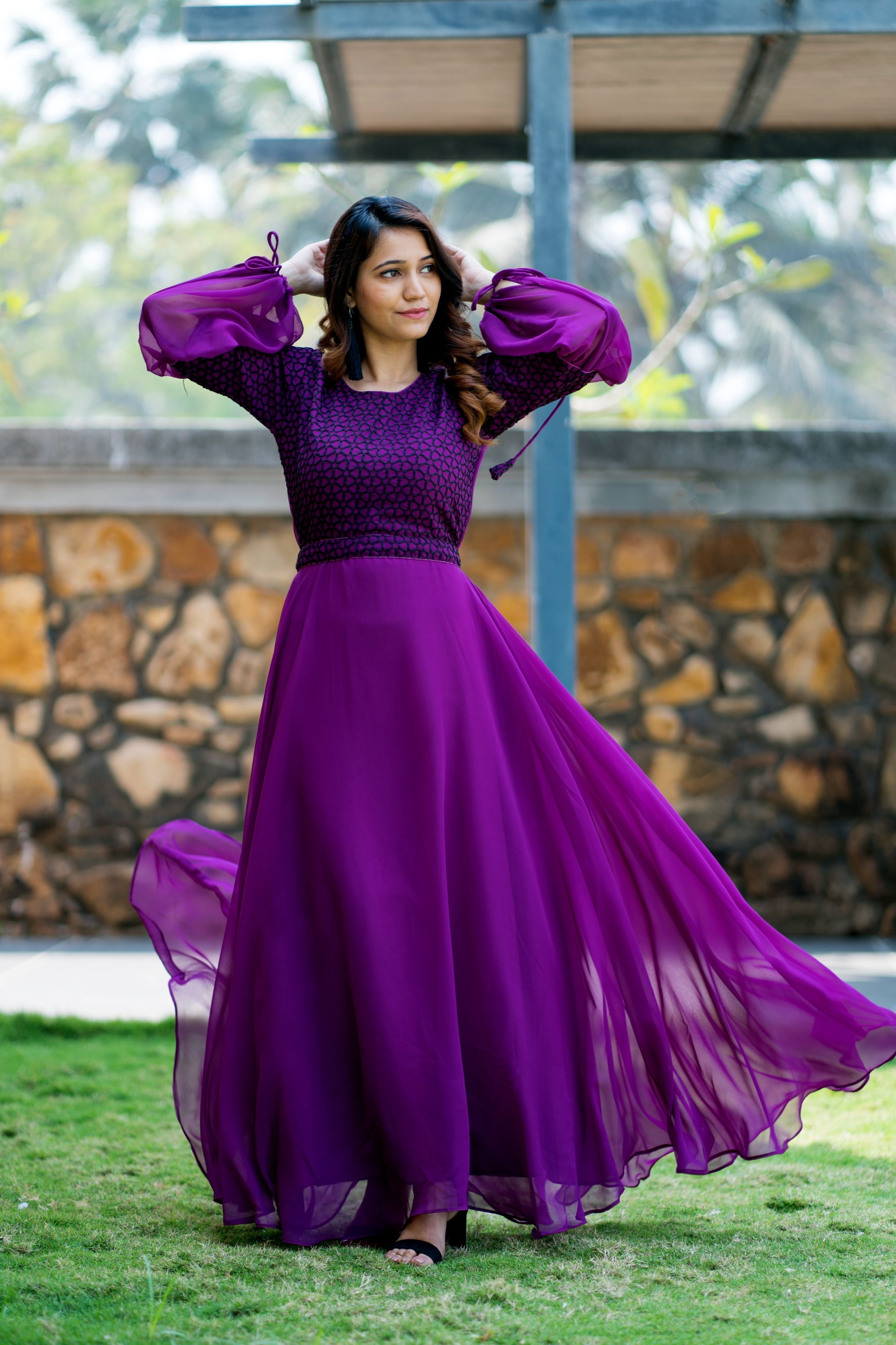 Women Purple Embroidered Round Neck Gown With Puff and Adjustable Sleeves- FunkyTeesClub