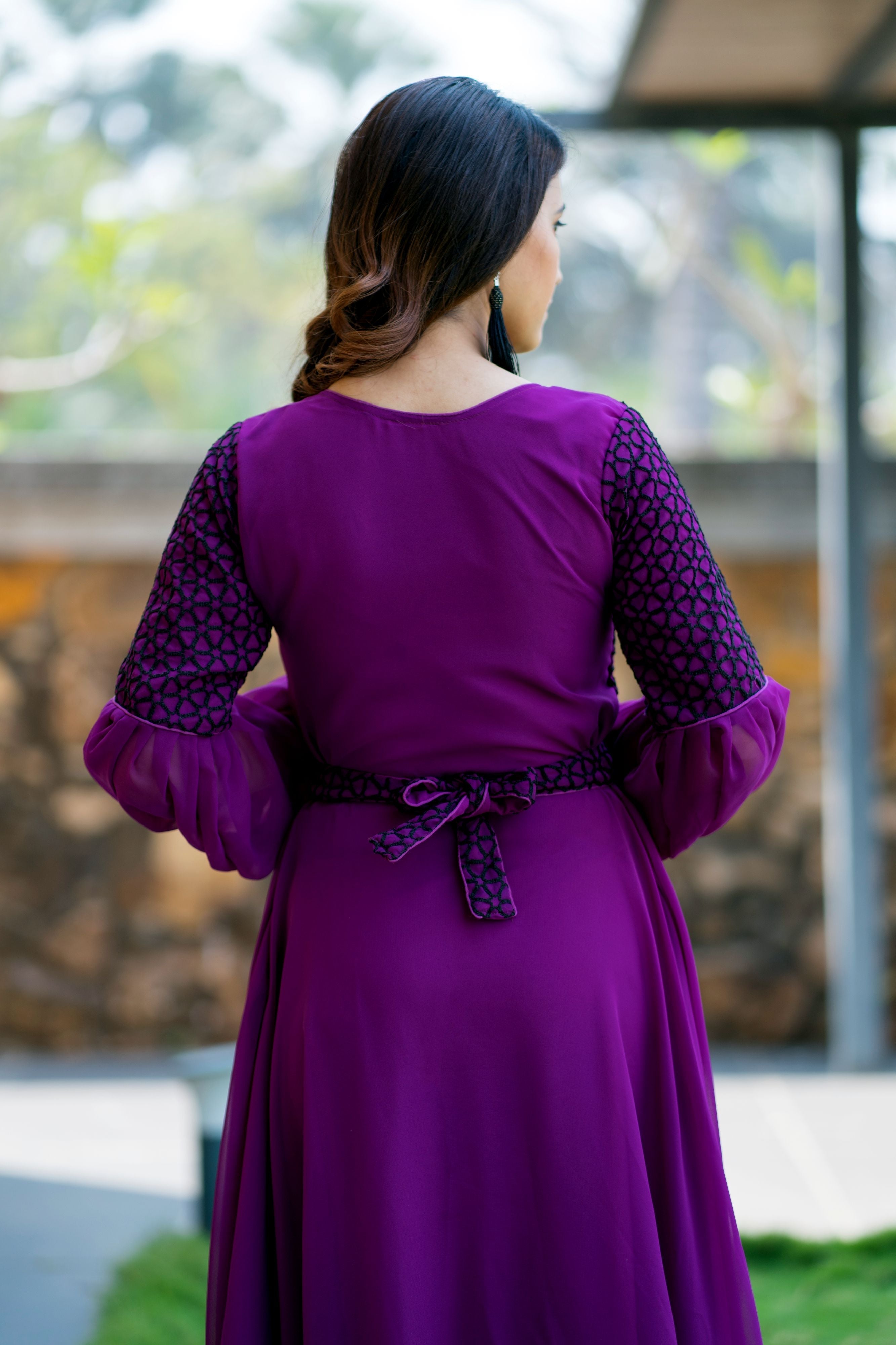 Women Purple Embroidered Round Neck Gown With Puff and Adjustable Sleeves- FunkyTeesClub