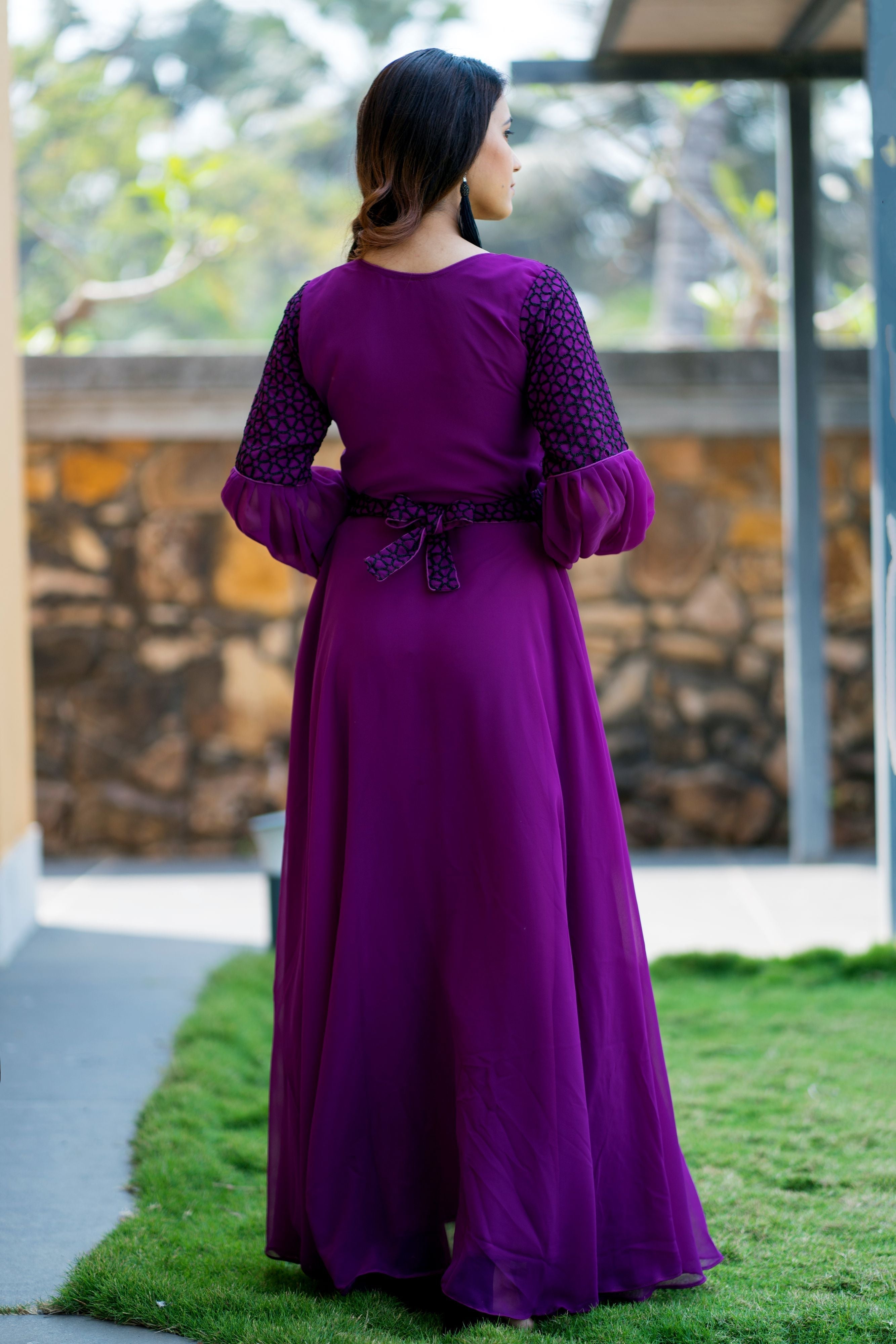 Women Purple Embroidered Round Neck Gown With Puff and Adjustable Sleeves- FunkyTeesClub