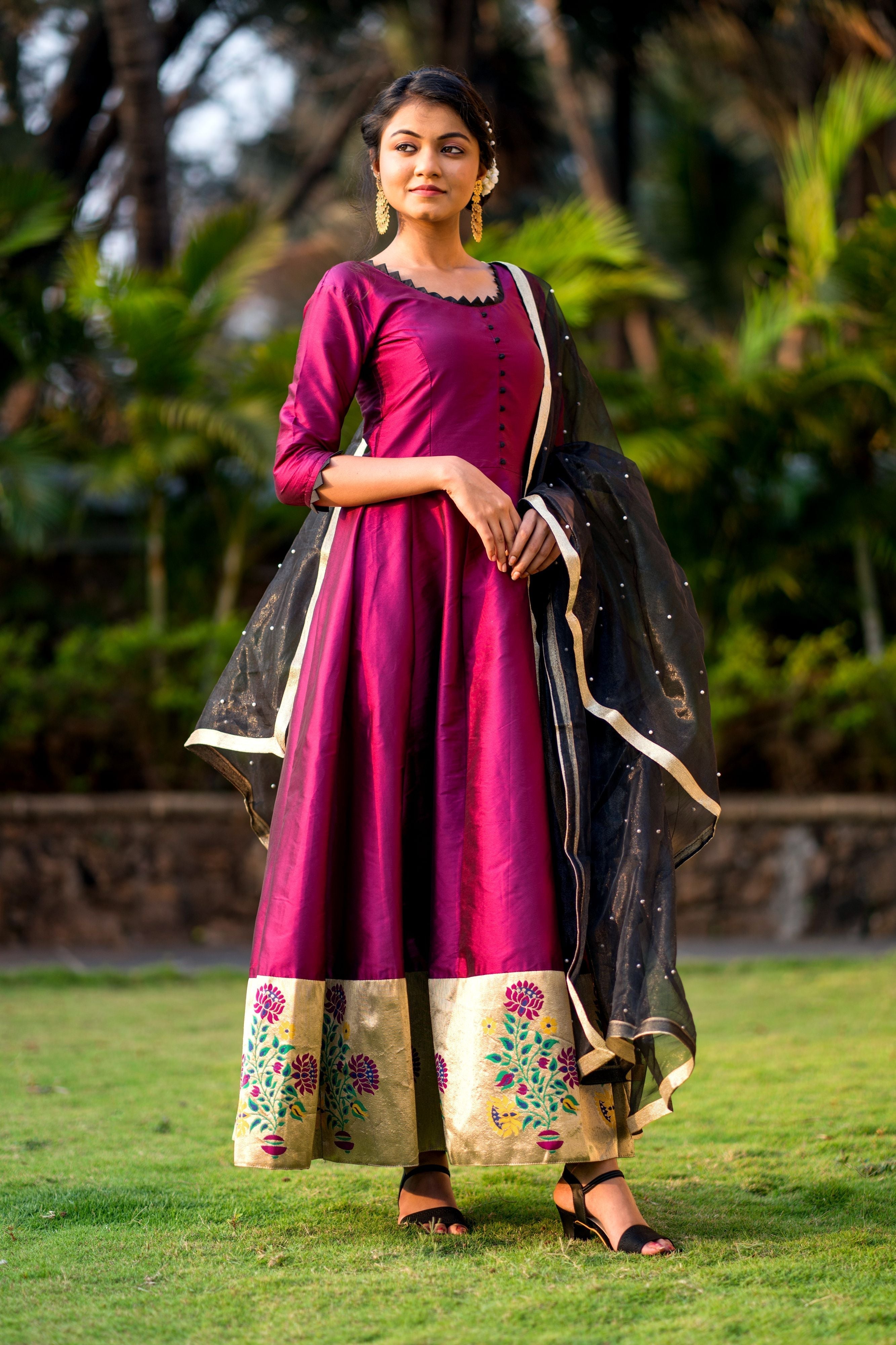 Women Purple Taffeta Silk Anarkali Gown With Dupatta- FunkyTeesClub