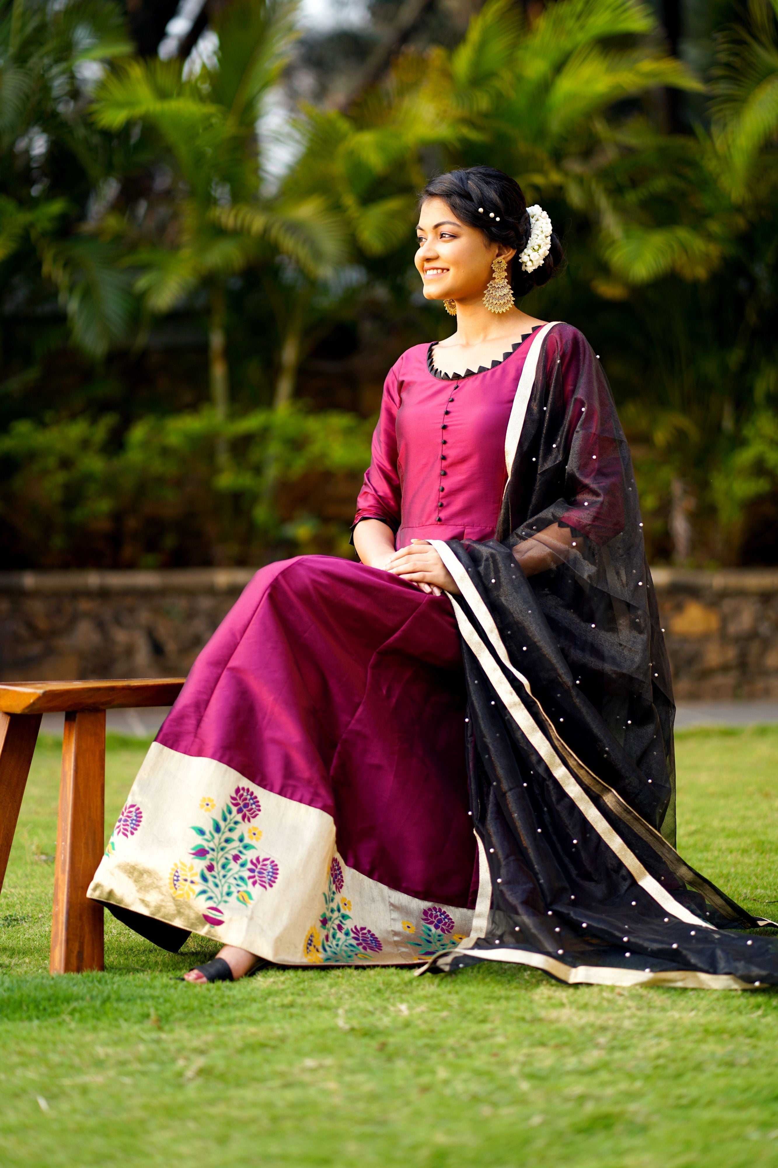 Women Purple Taffeta Silk Anarkali Gown With Dupatta- FunkyTeesClub