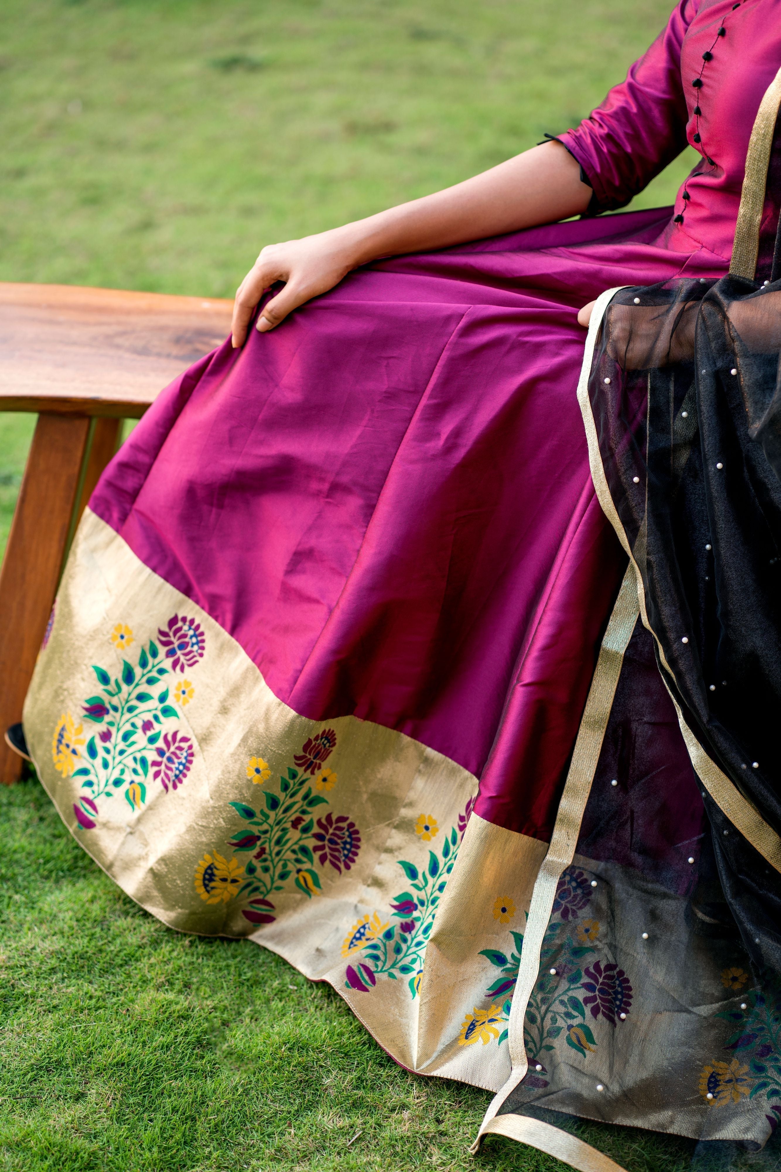 Women Purple Taffeta Silk Anarkali Gown With Dupatta- FunkyTeesClub