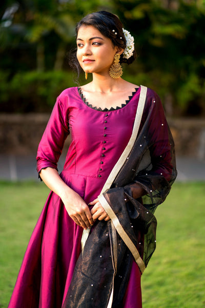 Women Purple Taffeta Silk Anarkali Gown With Dupatta- FunkyTeesClub