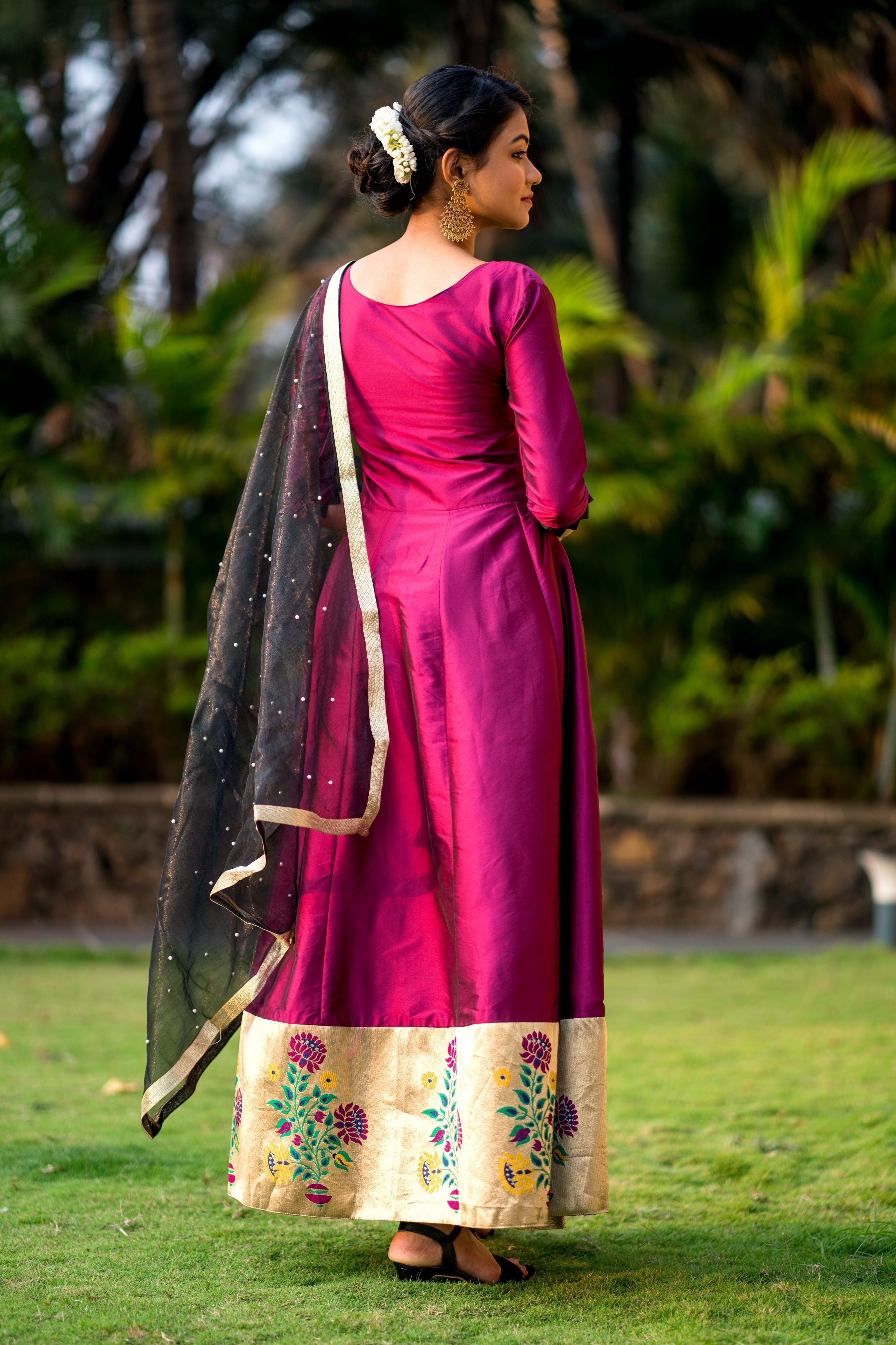 Women Purple Taffeta Silk Anarkali Gown With Dupatta- FunkyTeesClub