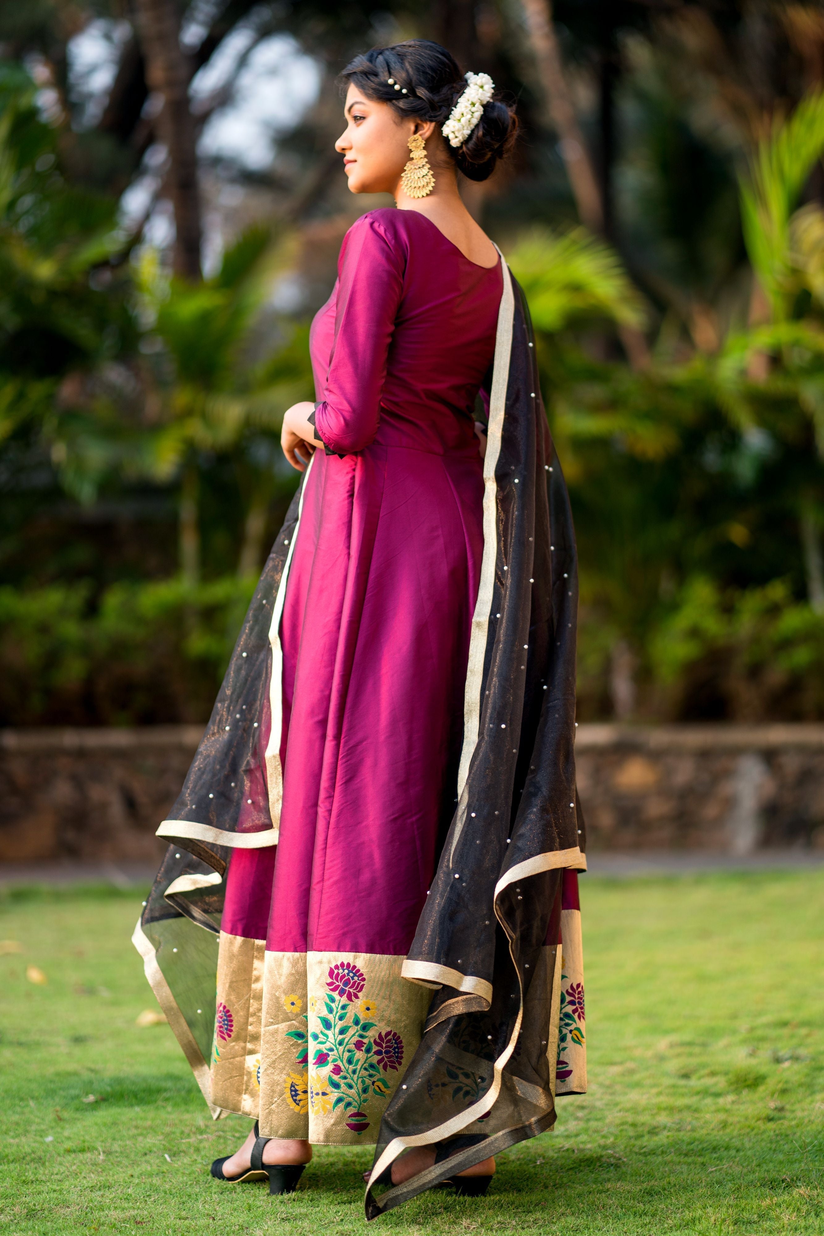 Women Purple Taffeta Silk Anarkali Gown With Dupatta- FunkyTeesClub