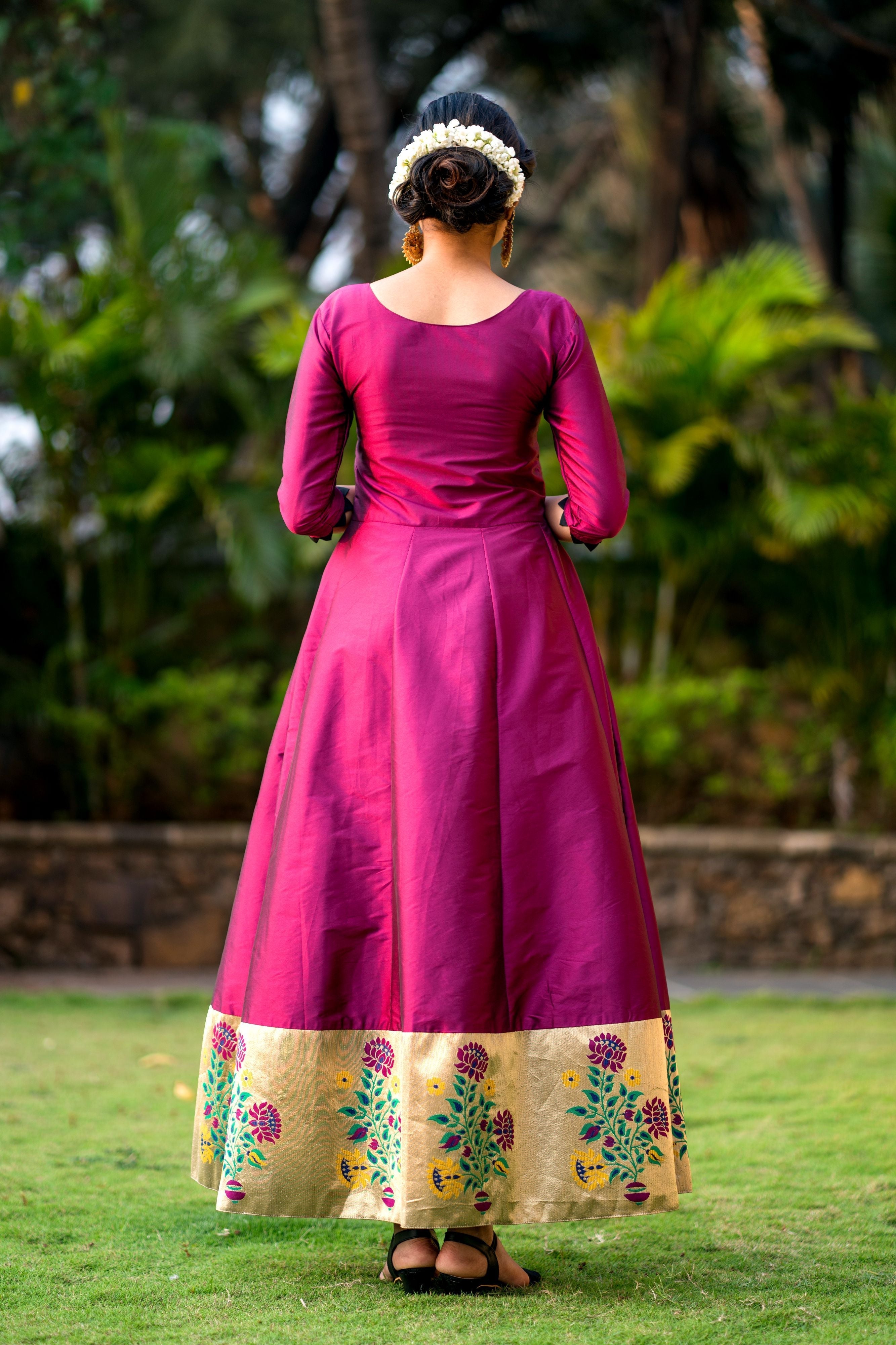 Women Purple Taffeta Silk Anarkali Gown With Dupatta- FunkyTeesClub