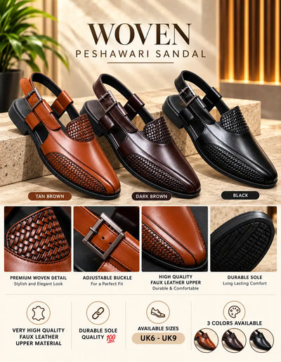 Men's woven Peshawari sandals in tan, dark brown, and black, with buckles and textured panels