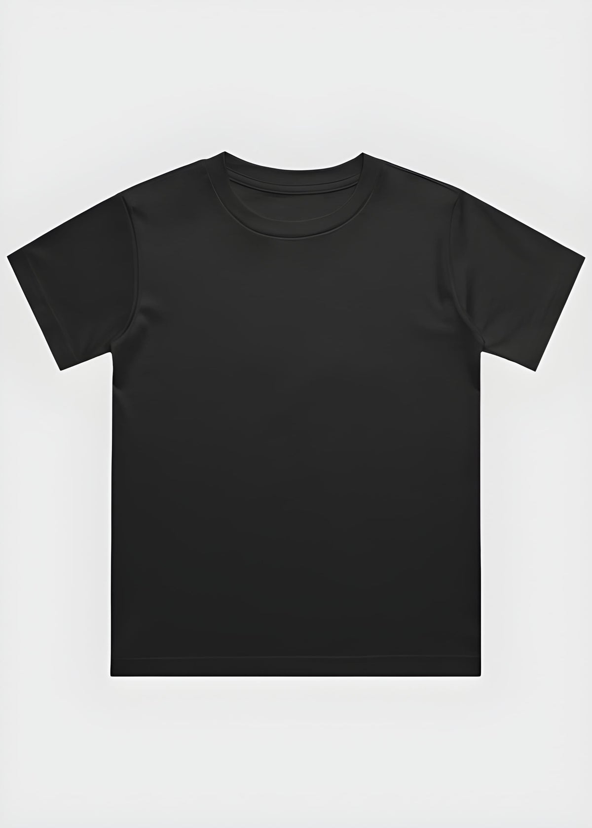 Plain black t-shirt on a light gray background