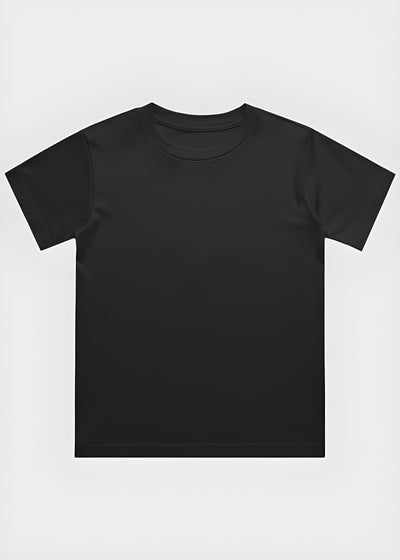 Plain black t-shirt on a light gray background