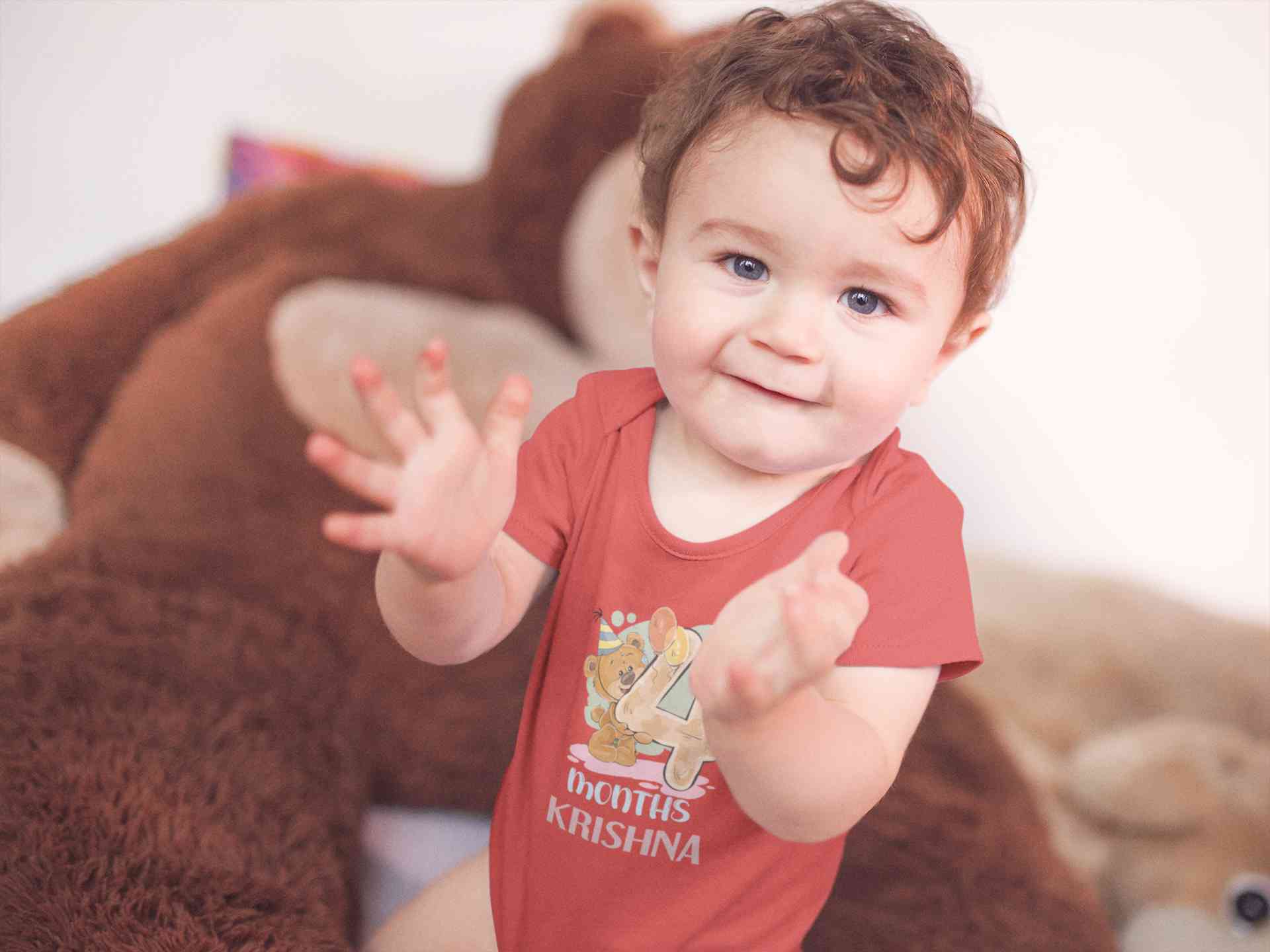 Custom Name 4 Month Birthday Teddy Design Rompers for Baby Boy- FunkyTeesClub