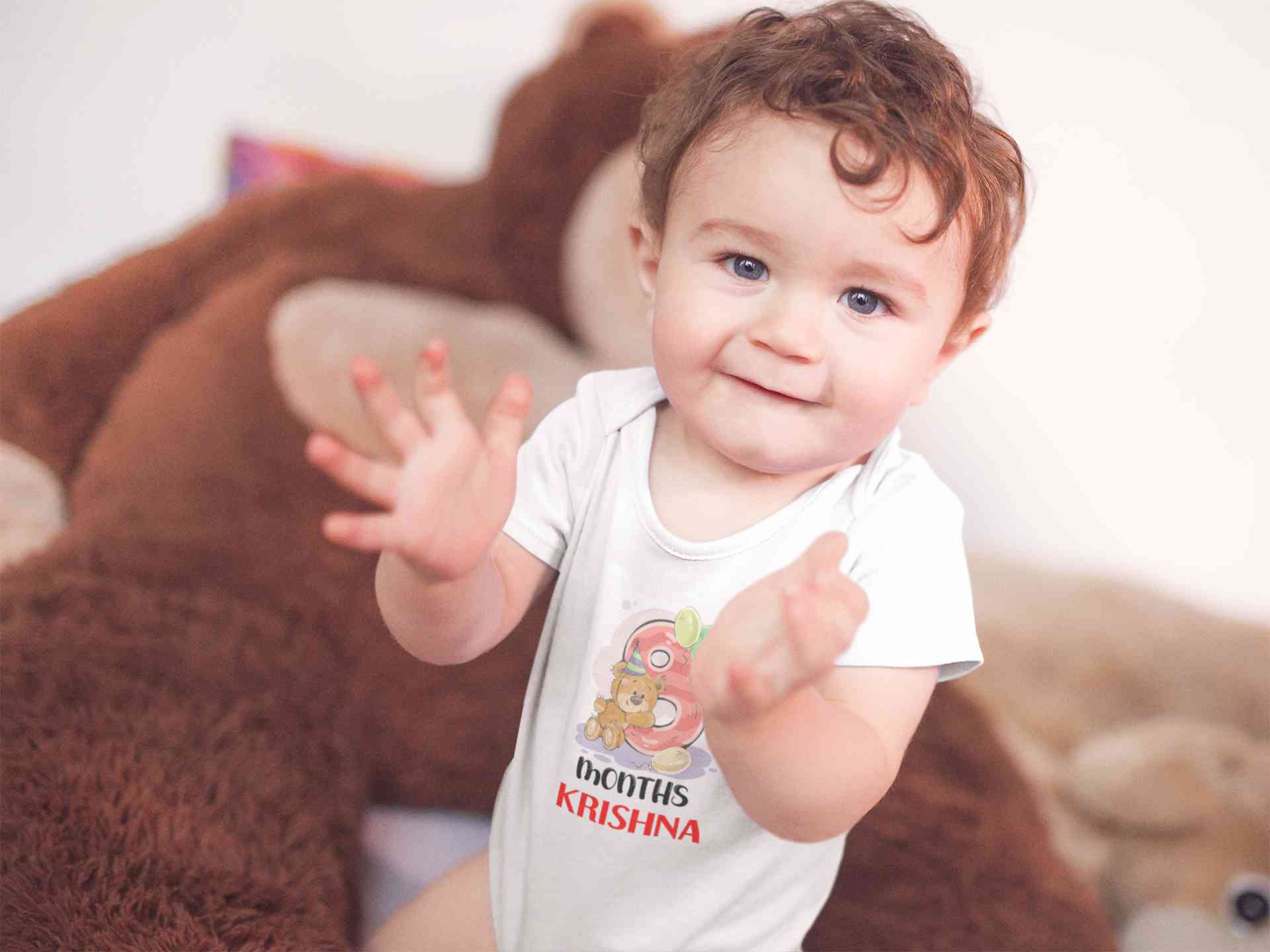 Custom Name 8 Month Birthday Teddy Design Rompers for Baby Boy- FunkyTeesClub