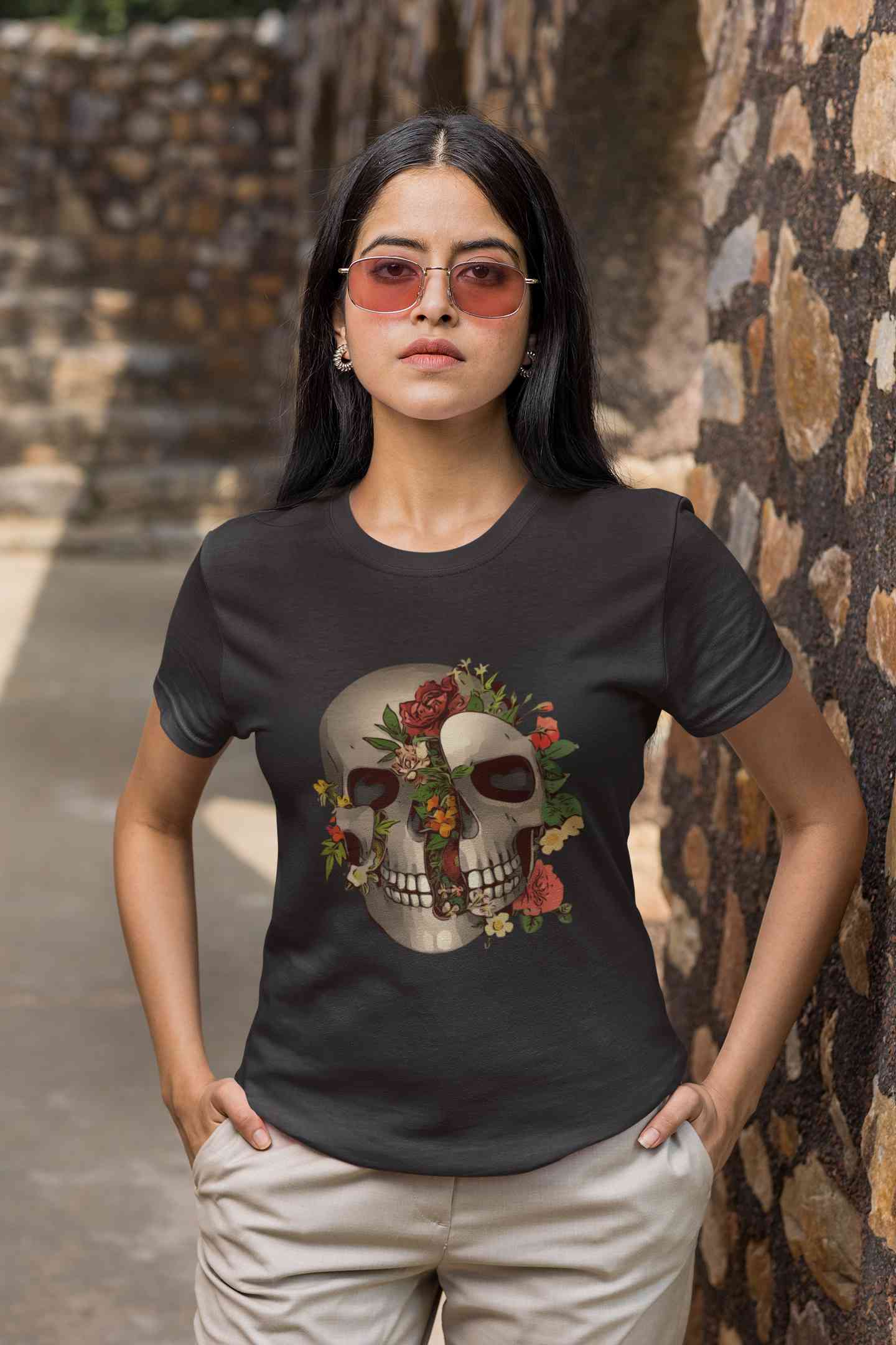 Floral And  Skull Print Women Half Sleeves T-shirt- FunkyTeesClub